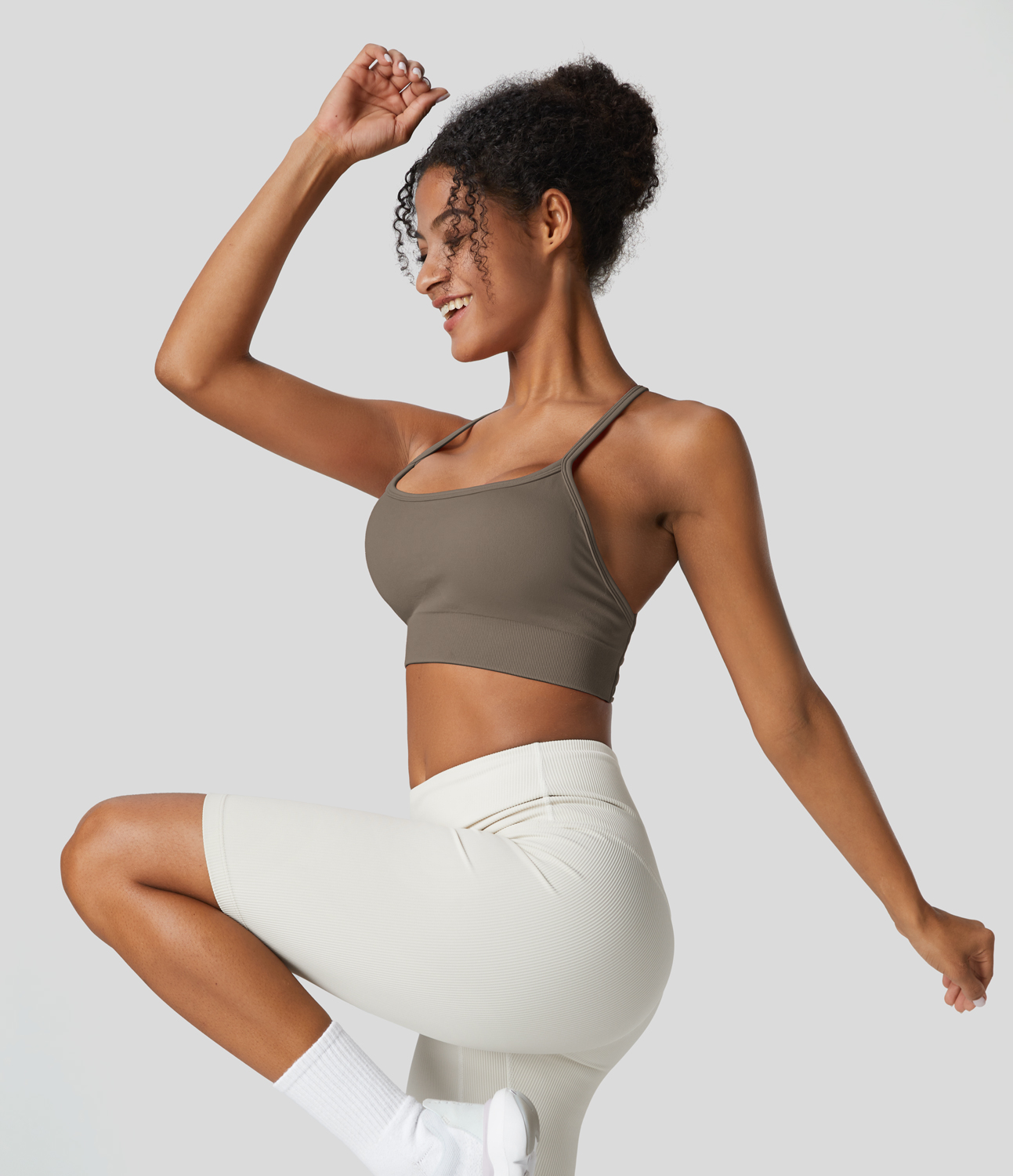 Halara Seamless Flow Low Support Backless Crisscross Yoga Sports Bra  - Fossil - S push up bra strapless bra backless bra sticky bra 
