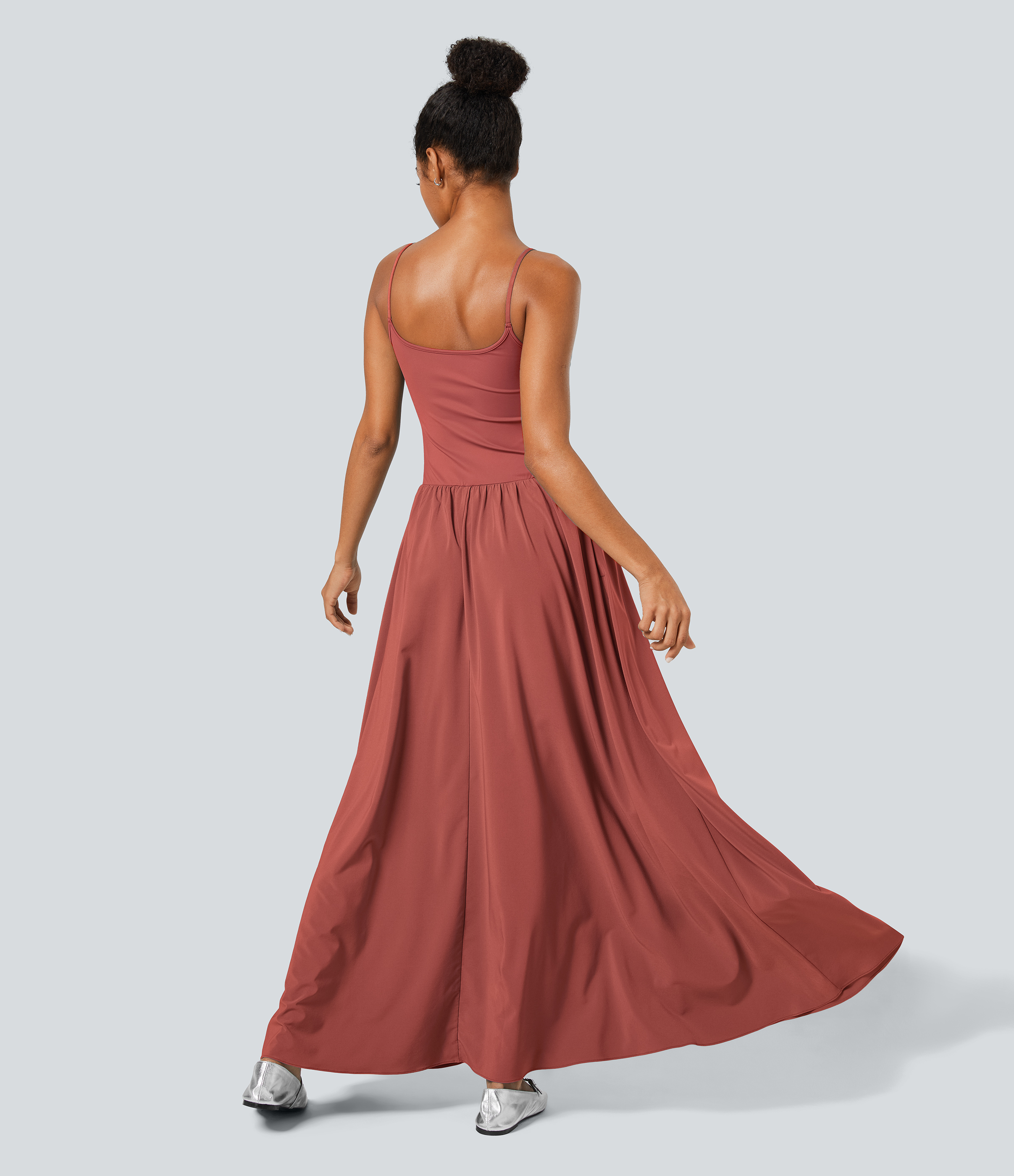 Halara Breezefulв„ў Backless Side Pocket Plicated Flowy Flare Maxi Quick Dry Casual Slip Dress Casual Dress - Kapok Red - M slip dress 