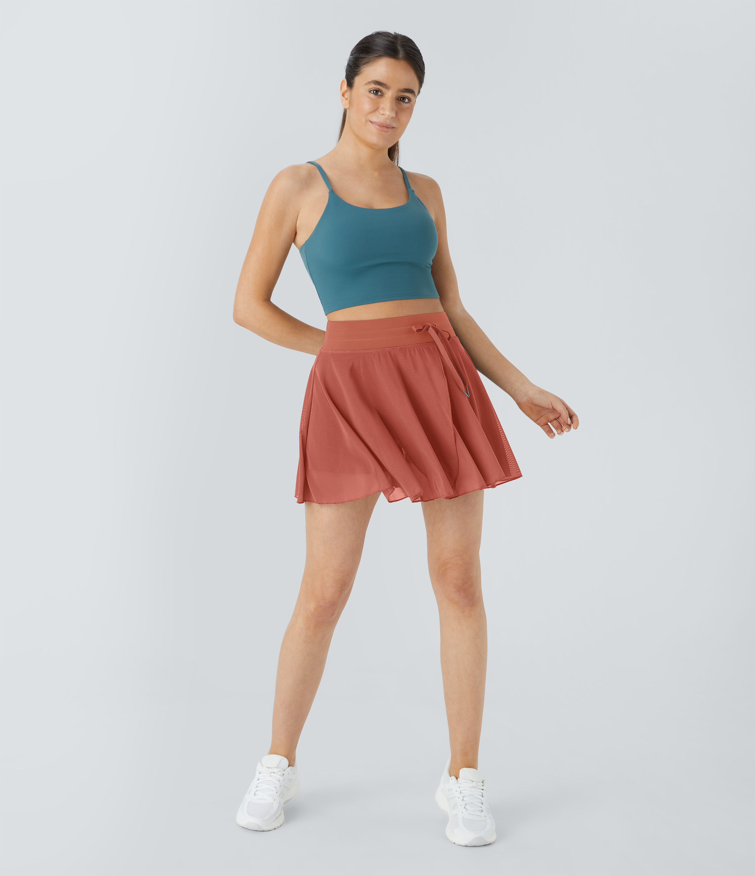 Halara High Waisted Drawstring Contrast Mesh 2-in-1 Side Pocket Flowy Mini Flare Casual Skirt  - Apricot Brandy - S midi skirt a line skirt 