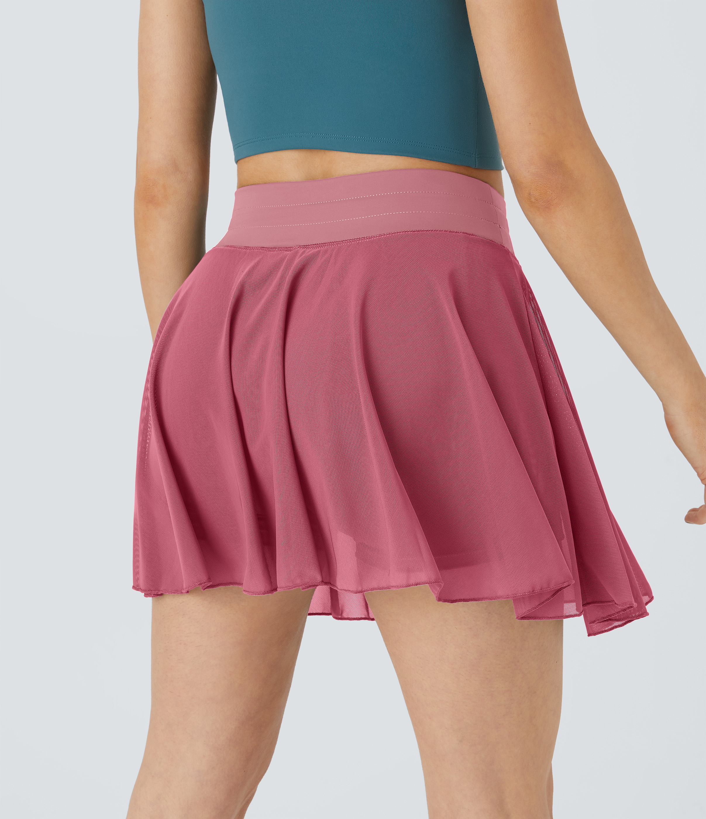Halara High Waisted Drawstring Contrast Mesh 2-in-1 Side Pocket Flowy Mini Flare Casual Skirt  - Baroque Rose - XS midi skirt a line skirt 