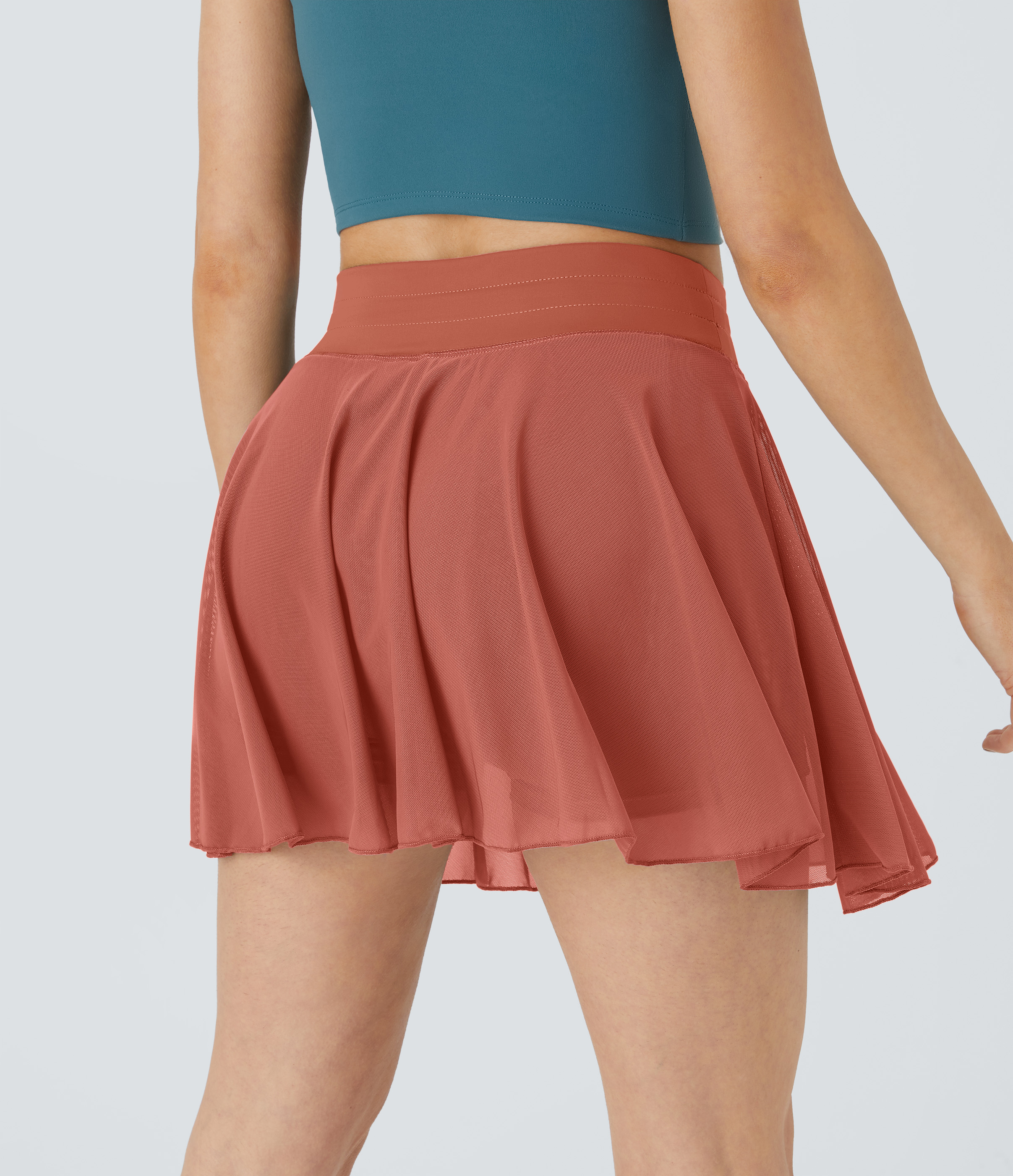 Halara High Waisted Drawstring Contrast Mesh 2-in-1 Side Pocket Flowy Mini Flare Casual Skirt  - Apricot Brandy - S midi skirt a line skirt 