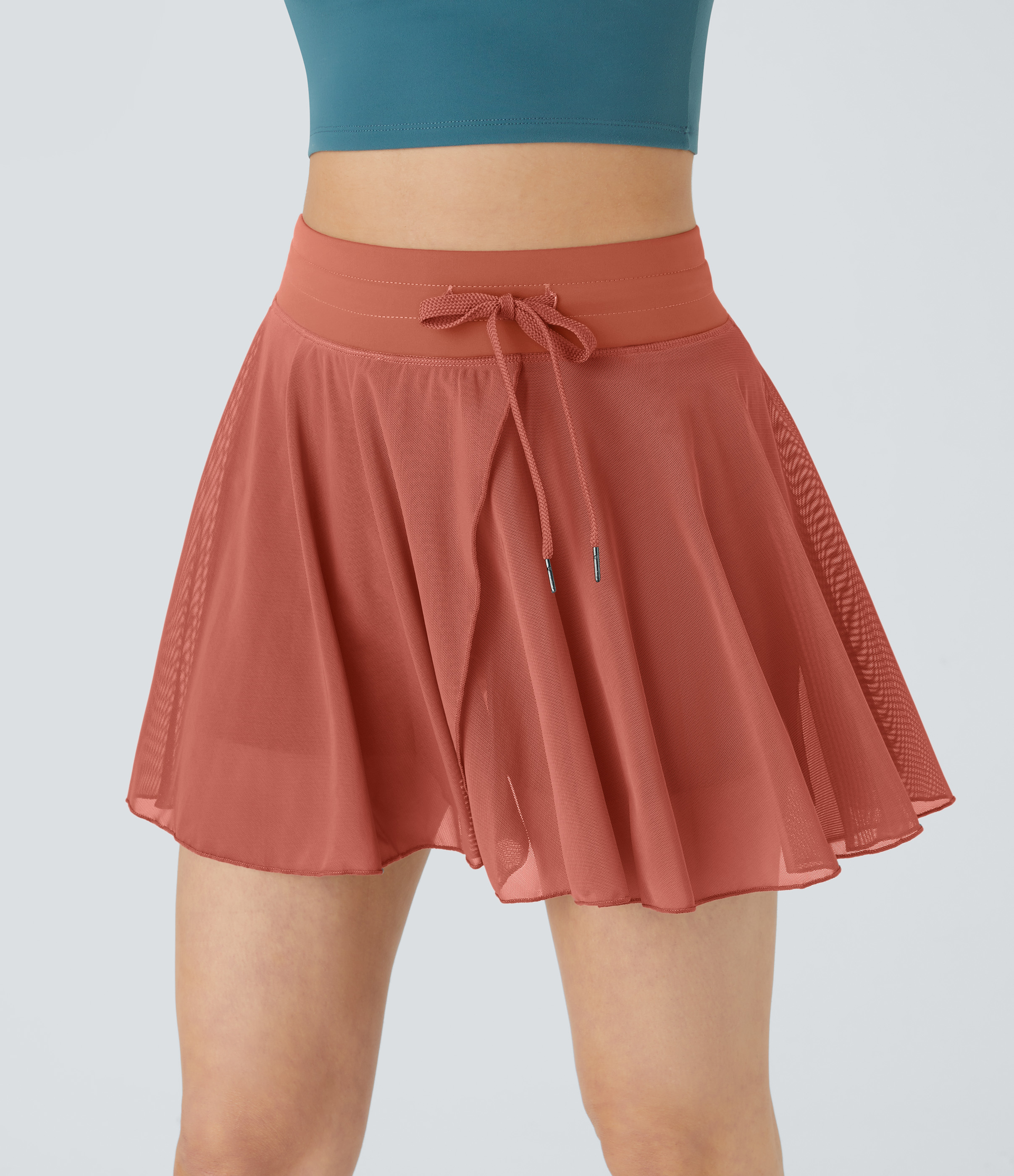 Halara High Waisted Drawstring Contrast Mesh 2-in-1 Side Pocket Flowy Mini Flare Casual Skirt  - Apricot Brandy - S midi skirt a line skirt 