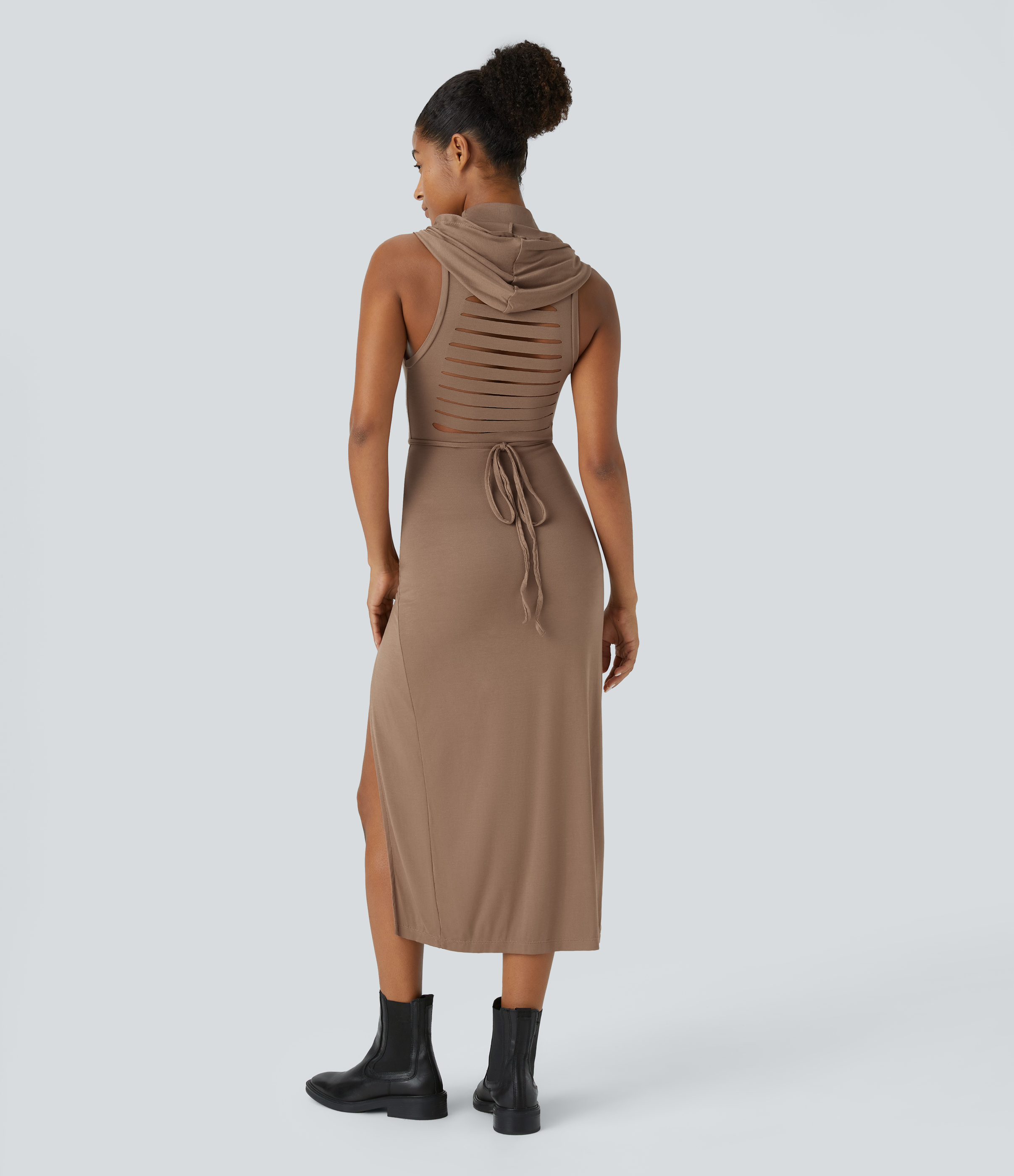 Beaver Fur Ribbed Hooded High Neck Sleeveless Cut Out Tie Back Split 2-Piece Midi Casual Dress / 2