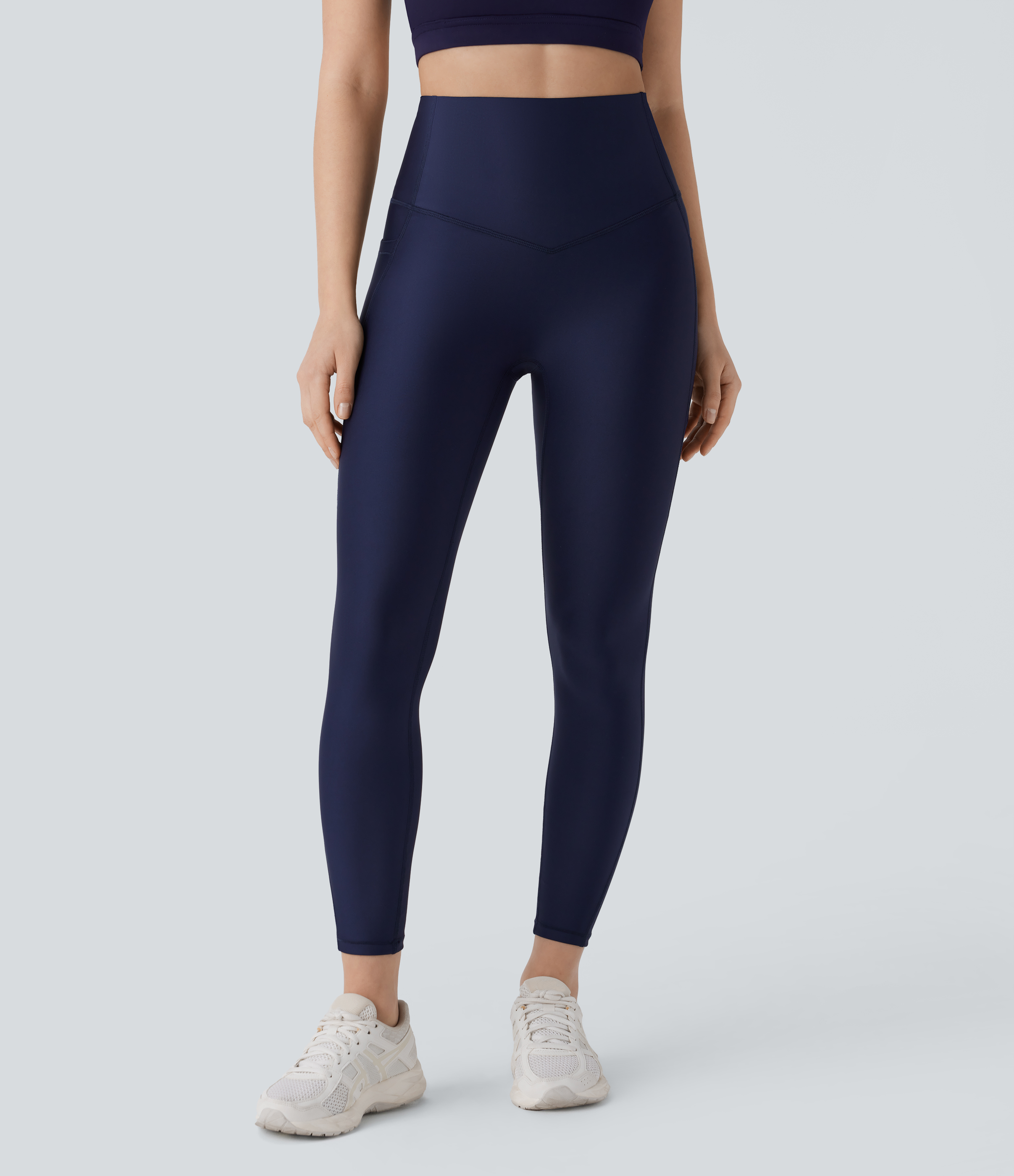 Halara SoCinched High Waisted Tummy Control Side Pocket Sheen Workout Leggings  - Blue Nights - L(7/8) gym leggings leggings with pockets 