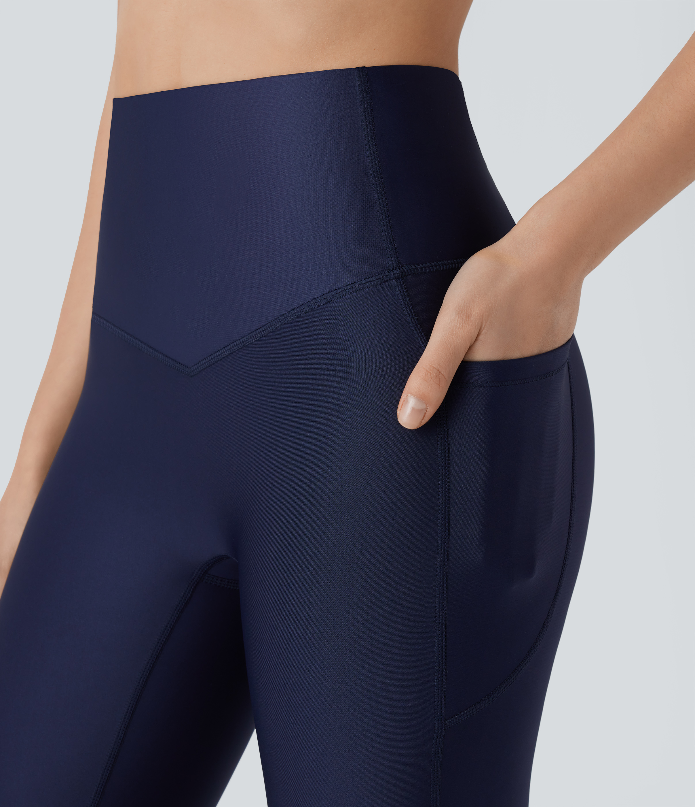Halara SoCinched High Waisted Tummy Control Side Pocket Sheen Workout Leggings  - Blue Nights - L(7/8) gym leggings leggings with pockets 