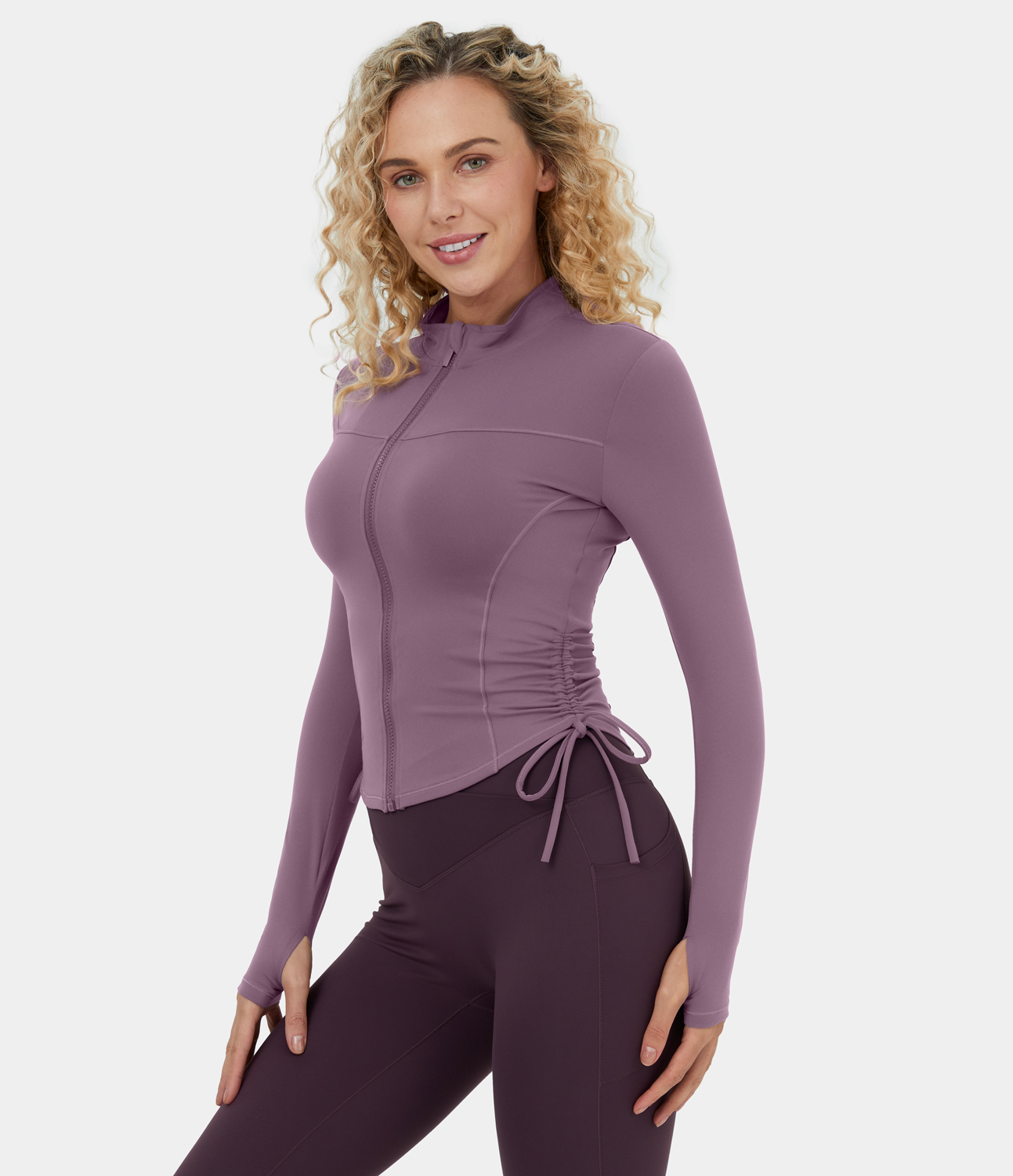 Women's Stand Collar Full Zip Side Drawstring Thumb Hole Cropped Yoga