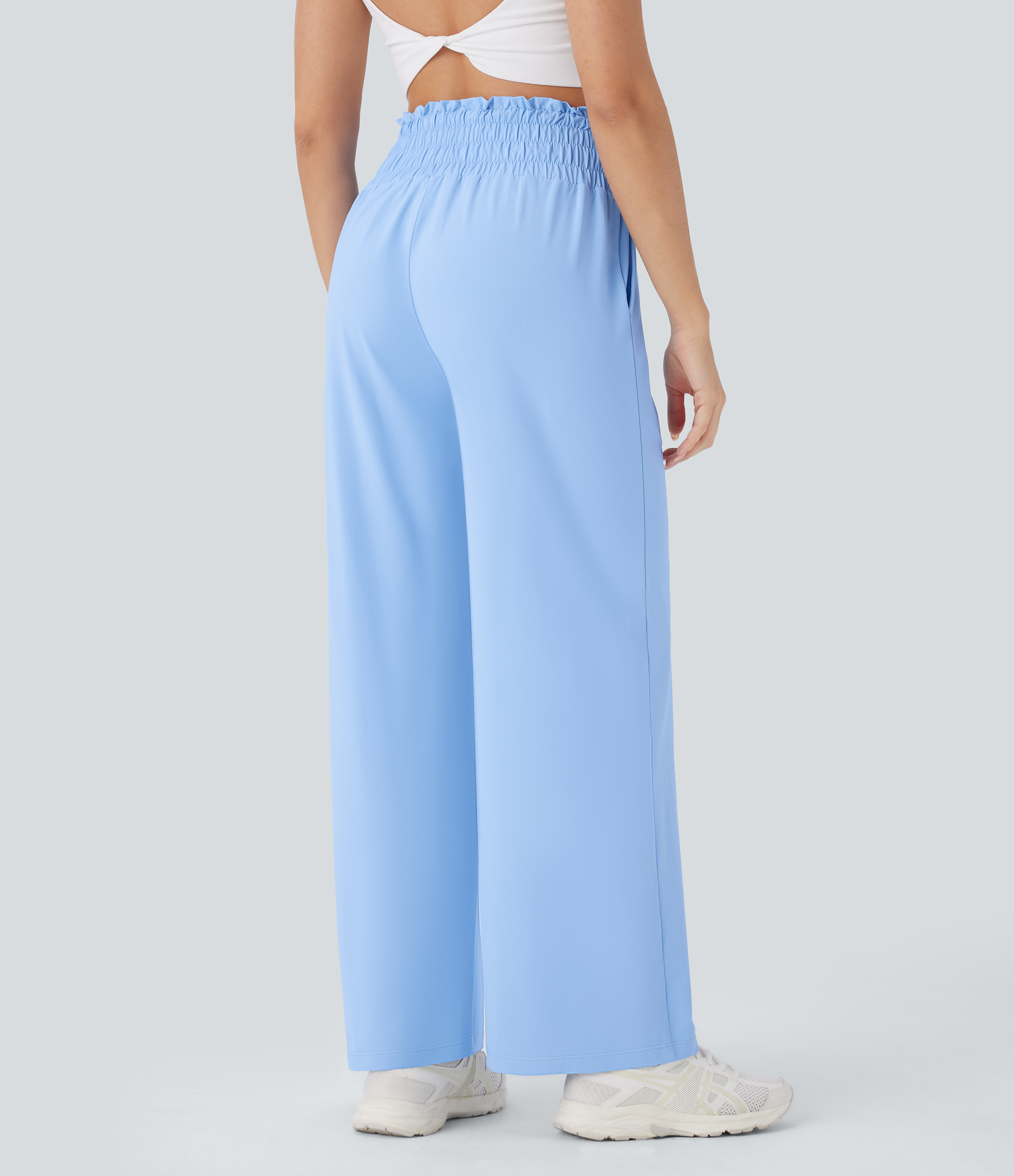 Halara High Waisted Drawstring Frill Side Pocket Straight Leg Yoga Pants  - Sky Blue - L(regular) 