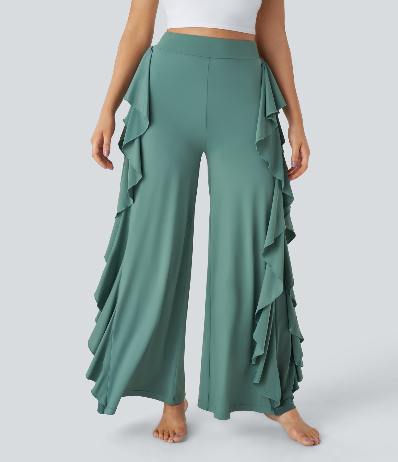 

Halara High Waisted Ruffle Trim Contrast Mesh Flowy Wide Leg Dance Pants - Oil Blue