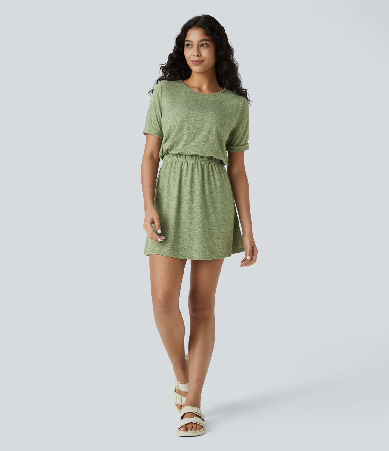 Halara Round Neck Short Sleeve Backless Cut Out Mini Casual Dress Casual Dress - Light Green Floral Yarn - M slip dress beach dress 