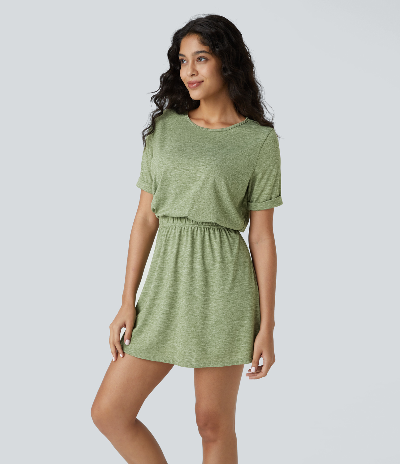 Halara Round Neck Short Sleeve Backless Cut Out Mini Casual Dress Casual Dress - Light Green Floral Yarn - M slip dress beach dress 