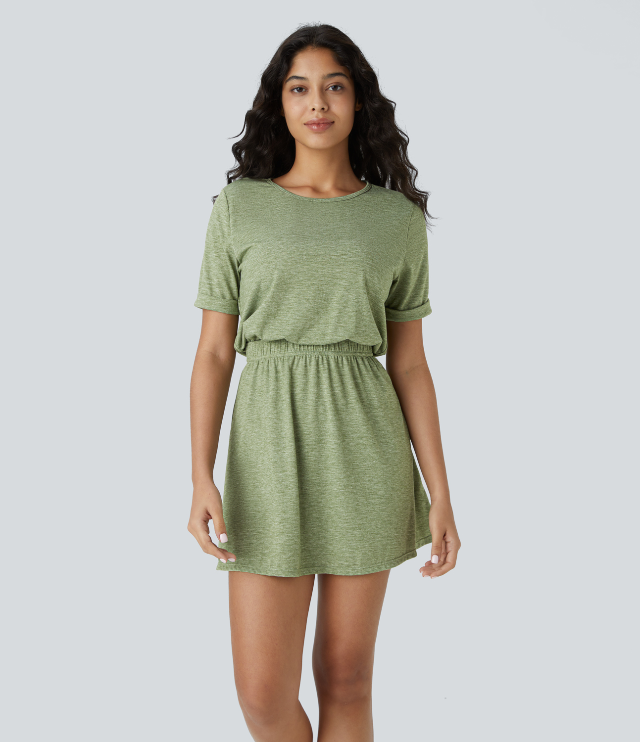 Halara Round Neck Short Sleeve Backless Cut Out Mini Casual Dress Casual Dress - Light Green Floral Yarn - M slip dress beach dress 