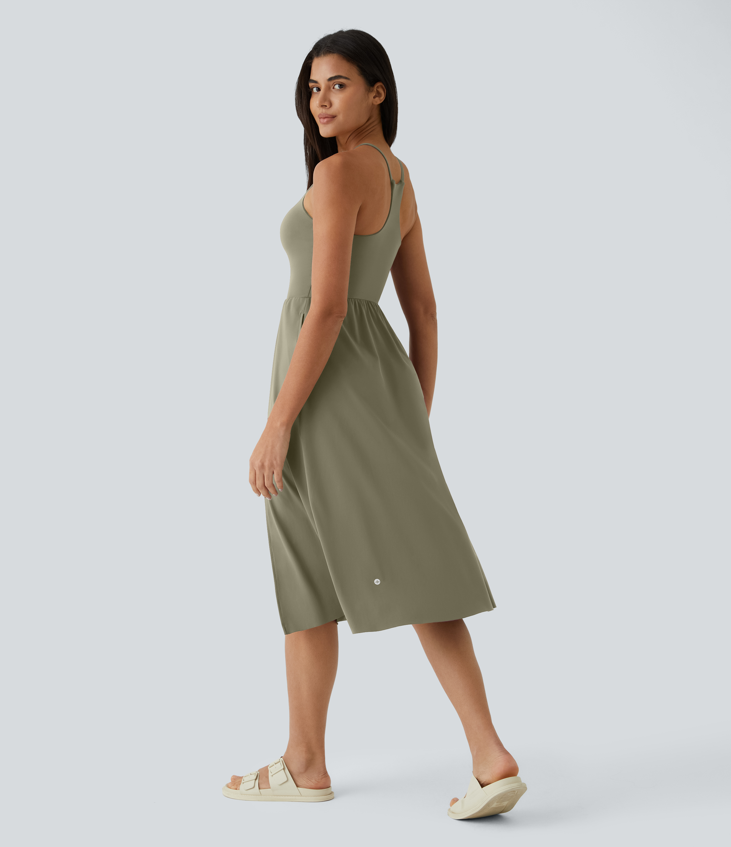 Halara Everyday Midi Chill Dress-La Land Casual Dress - Withered Green - S slip dress beach dress ruched dress halter dress exercise dress 