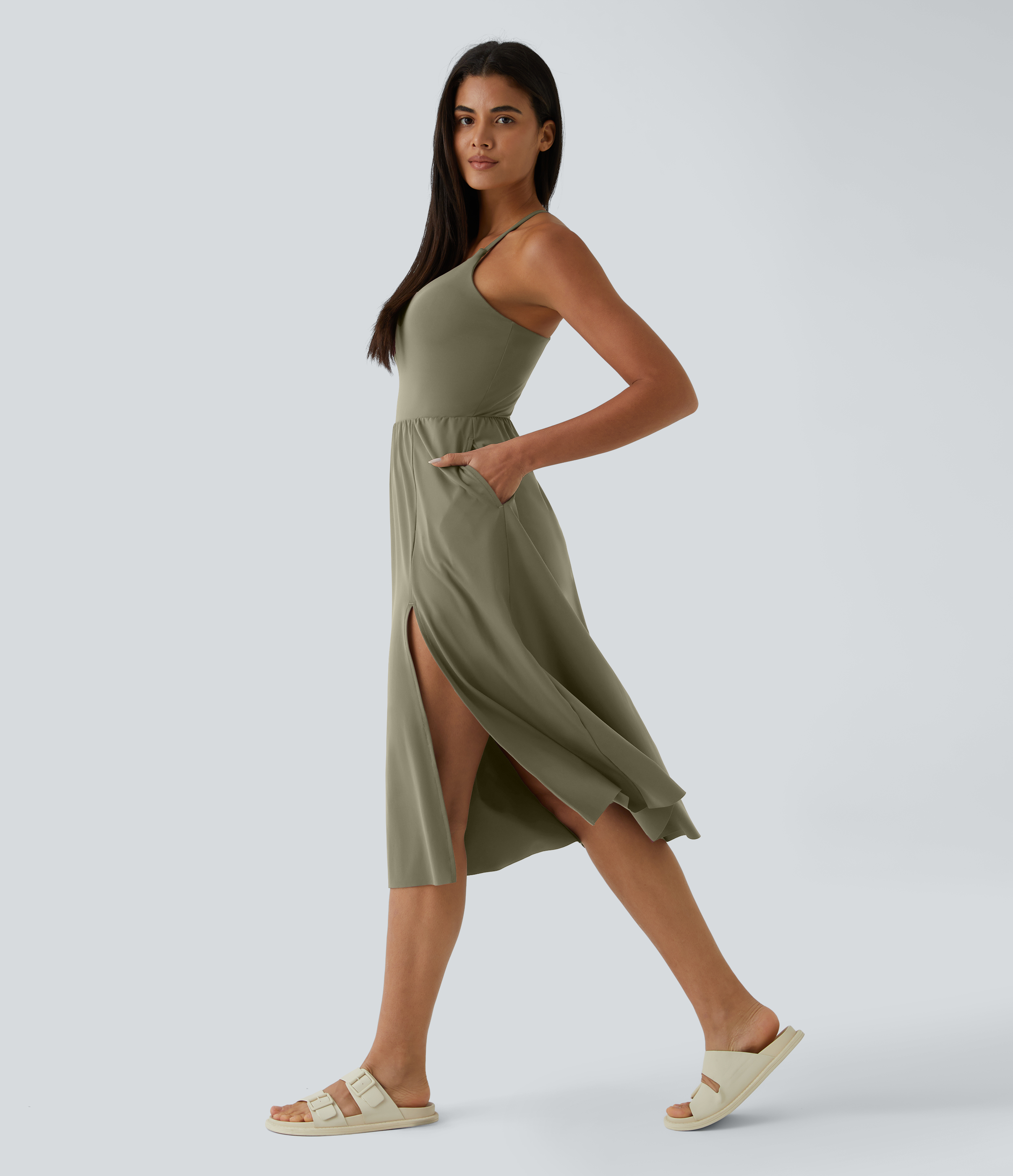 Halara Everyday Midi Chill Dress-La Land Casual Dress - Withered Green - S slip dress beach dress ruched dress halter dress exercise dress 