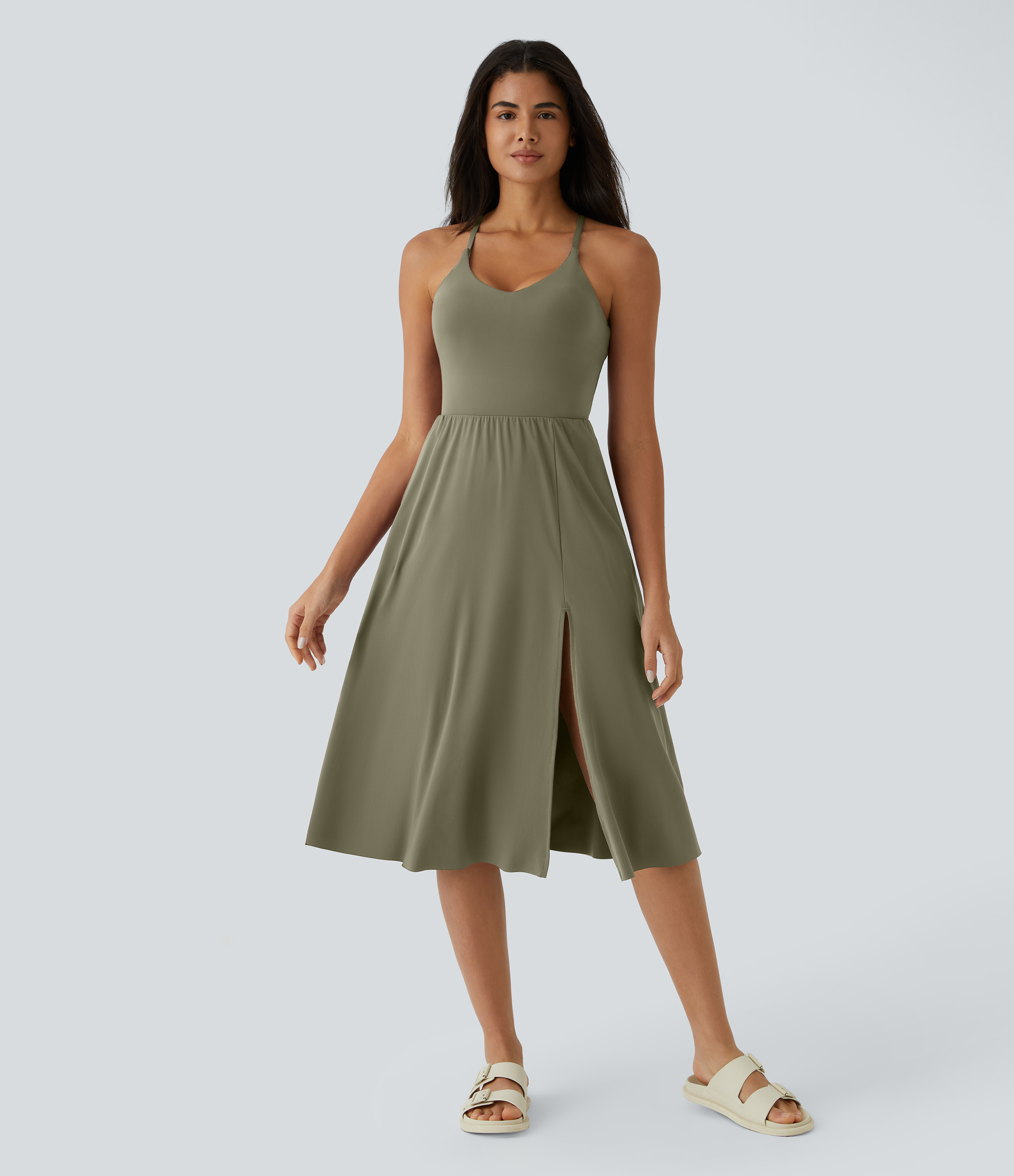 Halara Everyday Midi Chill Dress-La Land Casual Dress - Withered Green - S slip dress beach dress ruched dress halter dress exercise dress 