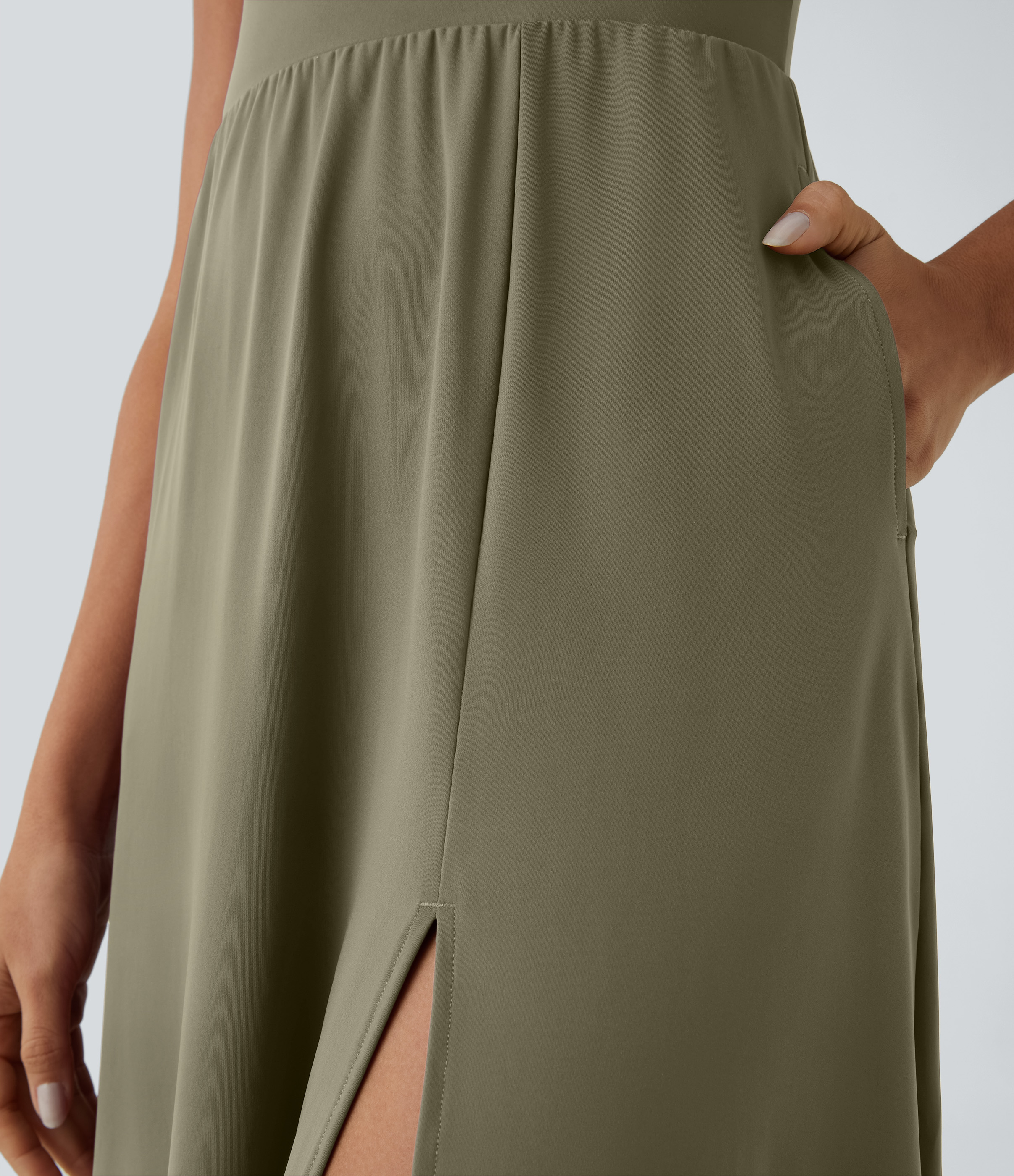 Halara Everyday Midi Chill Dress-La Land Casual Dress - Withered Green - S slip dress beach dress ruched dress halter dress exercise dress 