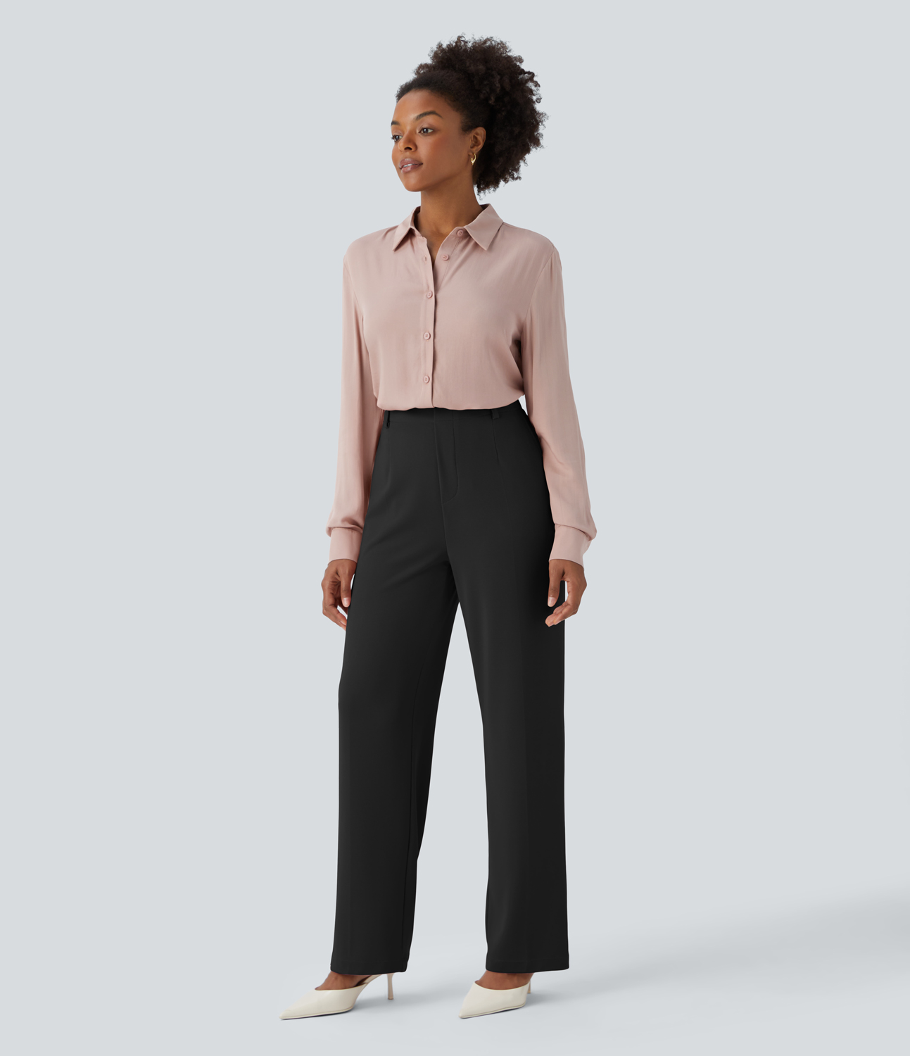 Halara Collared Button Long Sleeve Work Shirt  - Pear Powder - S 