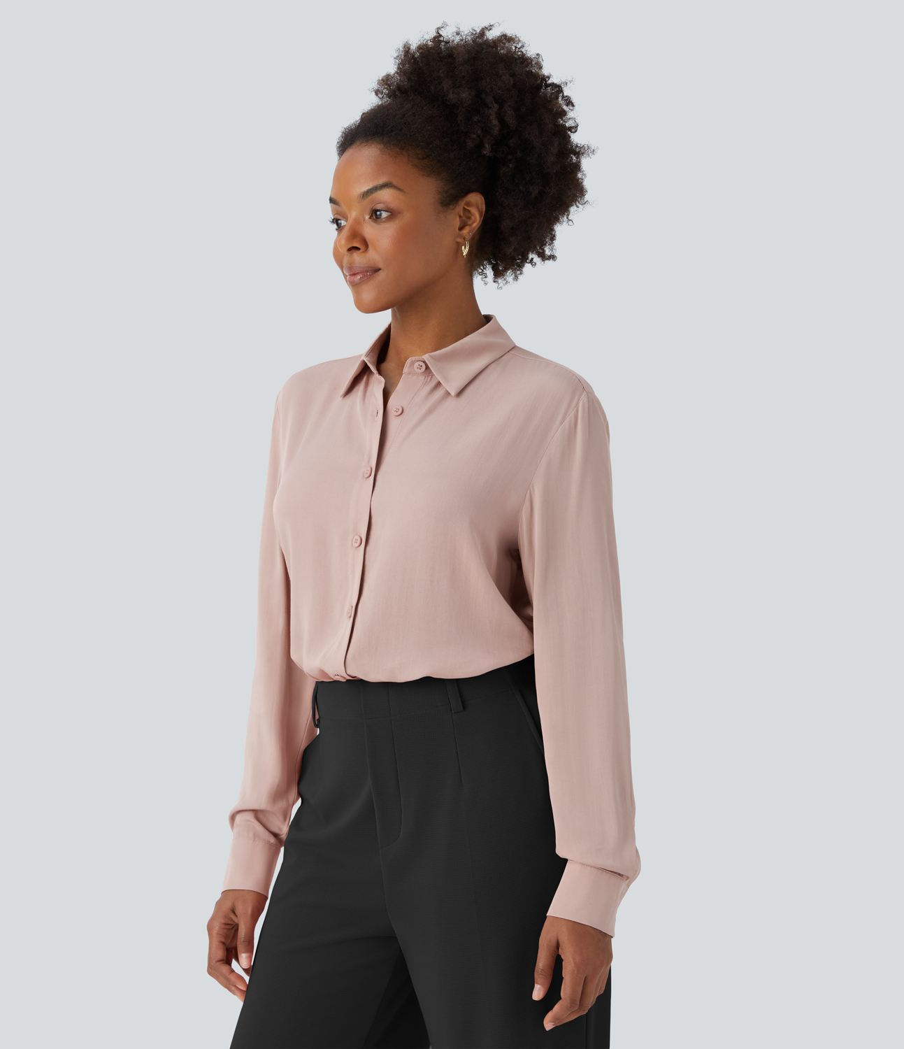 Halara Collared Button Long Sleeve Work Shirt  - Pear Powder - S 