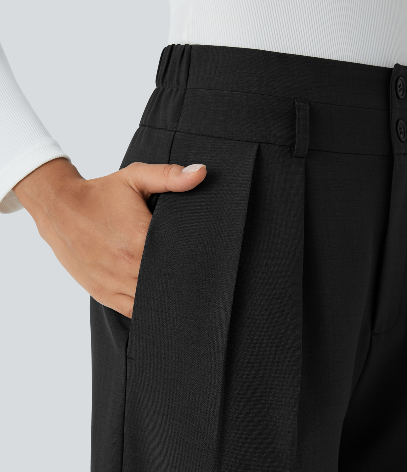 Halara High Waisted Button Zipper Side Pocket Wide Leg Work Pants Without Belt  - Black - M(regular) sweatpants jogger pants 