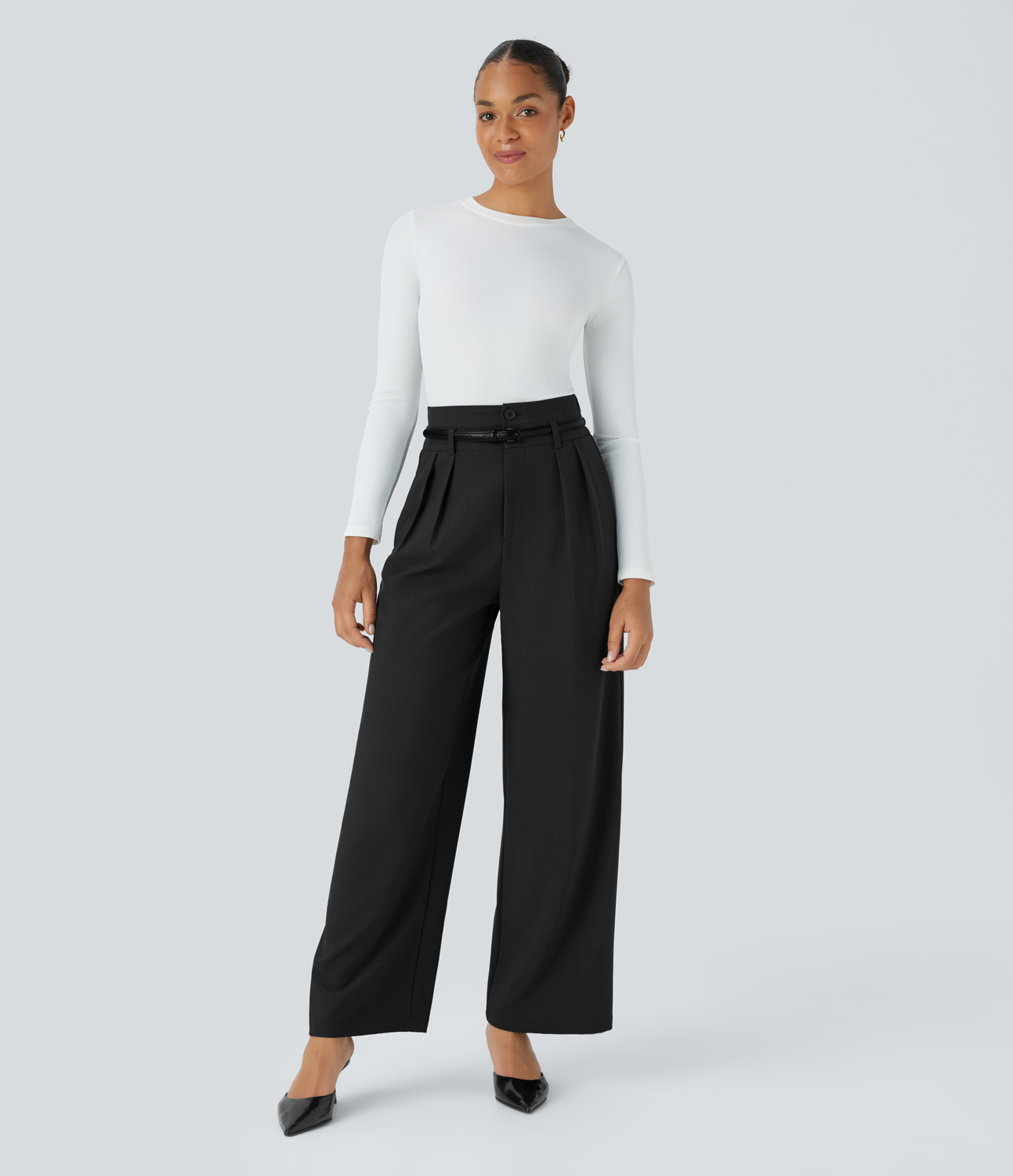 Halara High Waisted Button Zipper Side Pocket Wide Leg Work Pants Without Belt  - Black - M(regular) sweatpants jogger pants 