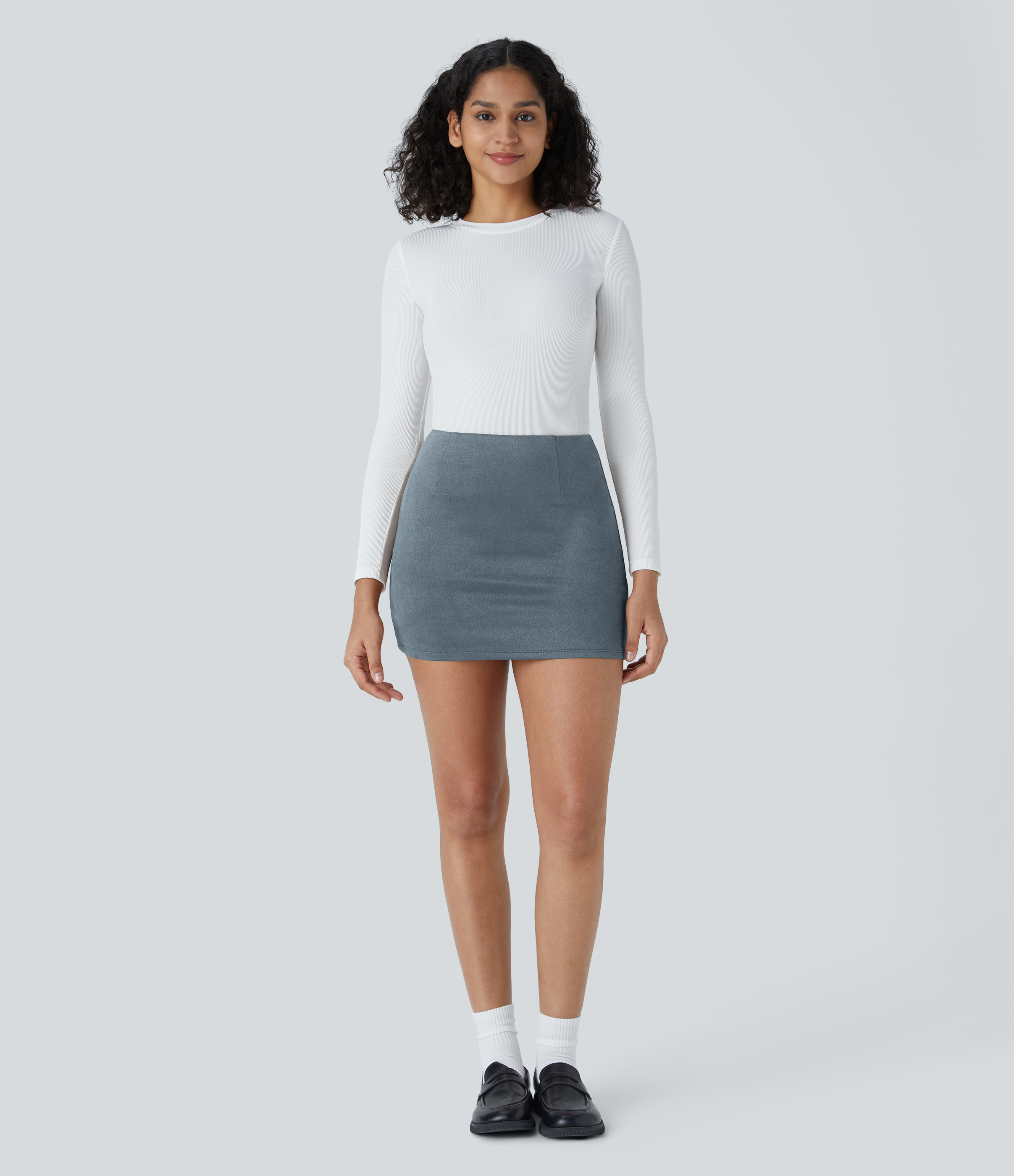 Halara High Waisted 2-in-1 Bodycon Suede Mini Casual Skirt  - Stormy Weather - XS(regular) 
