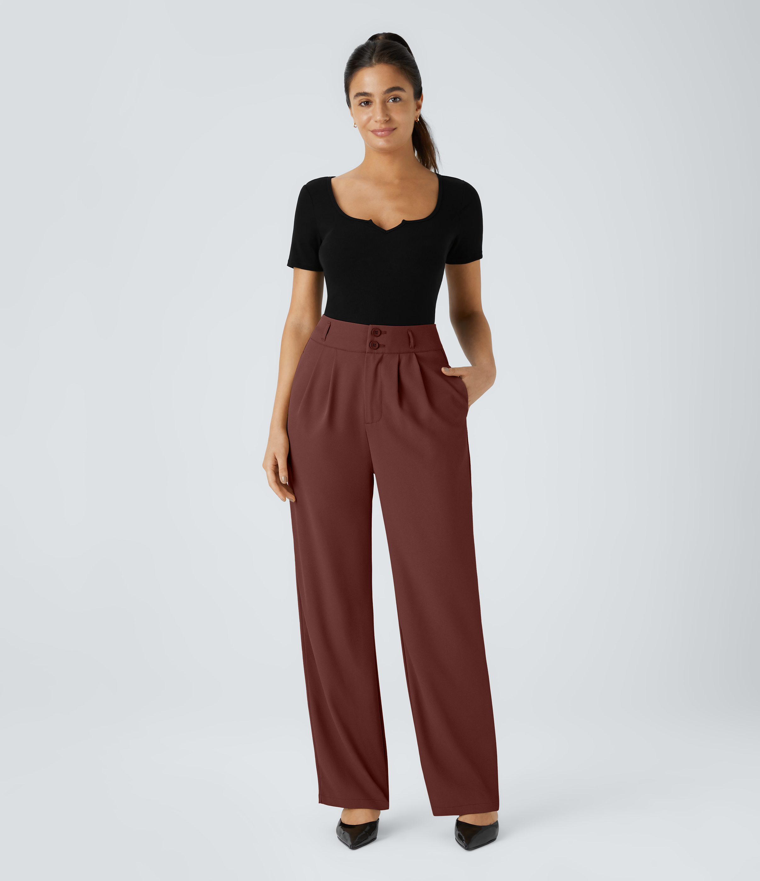 Halara High Waisted Button Zipper Side Pocket Shirred Straight Leg Work Pants  - Biking Red - L(petite) sweatpants jogger pants 