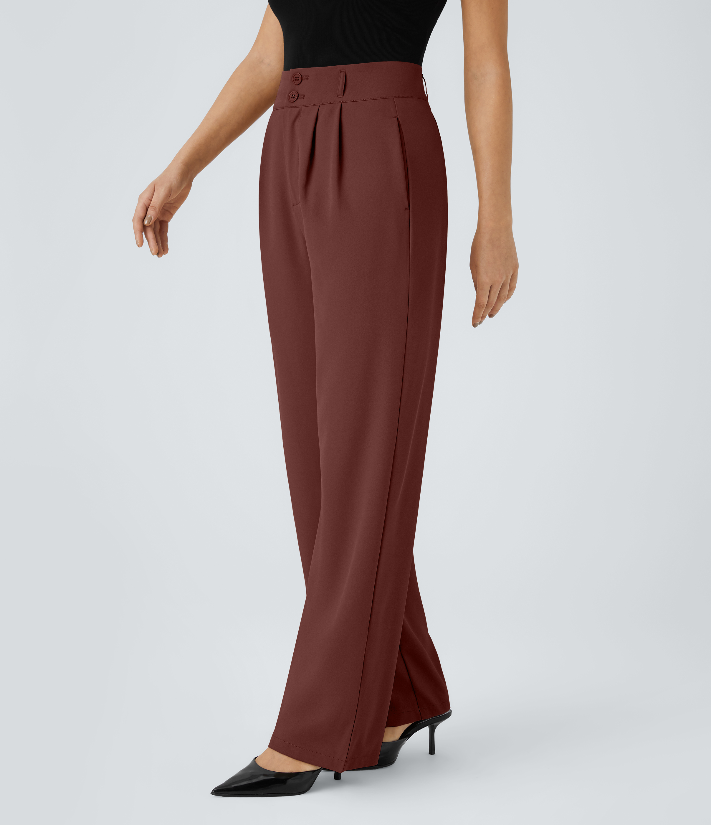 Halara High Waisted Button Zipper Side Pocket Shirred Straight Leg Work Pants  - Biking Red - L(petite) sweatpants jogger pants 
