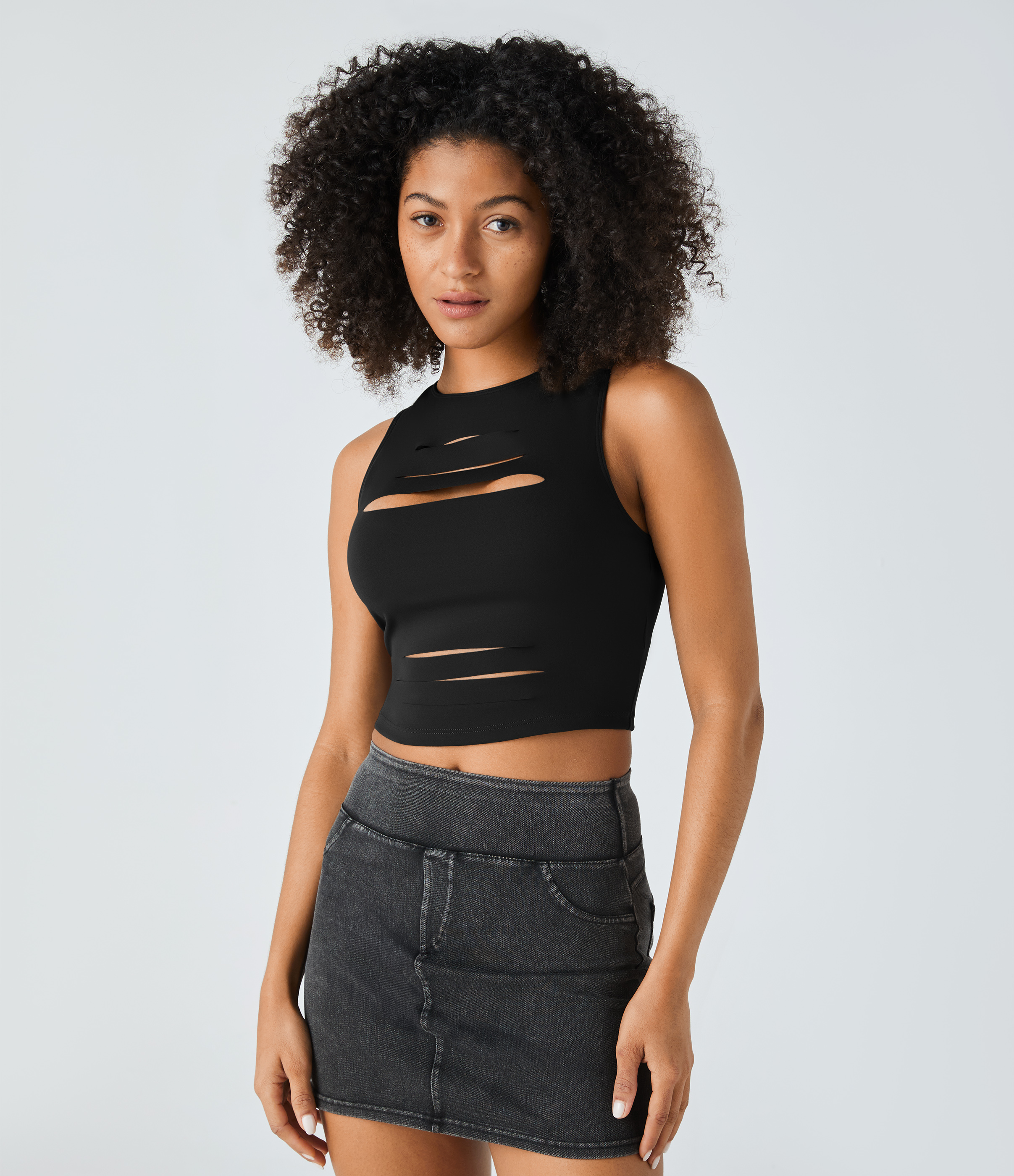 Halara Backless Racerback Cut Out Ripped Cropped Casual Tank Top Tank Top - Black - XS golf tops halter top tunic tops sleeveless tops 