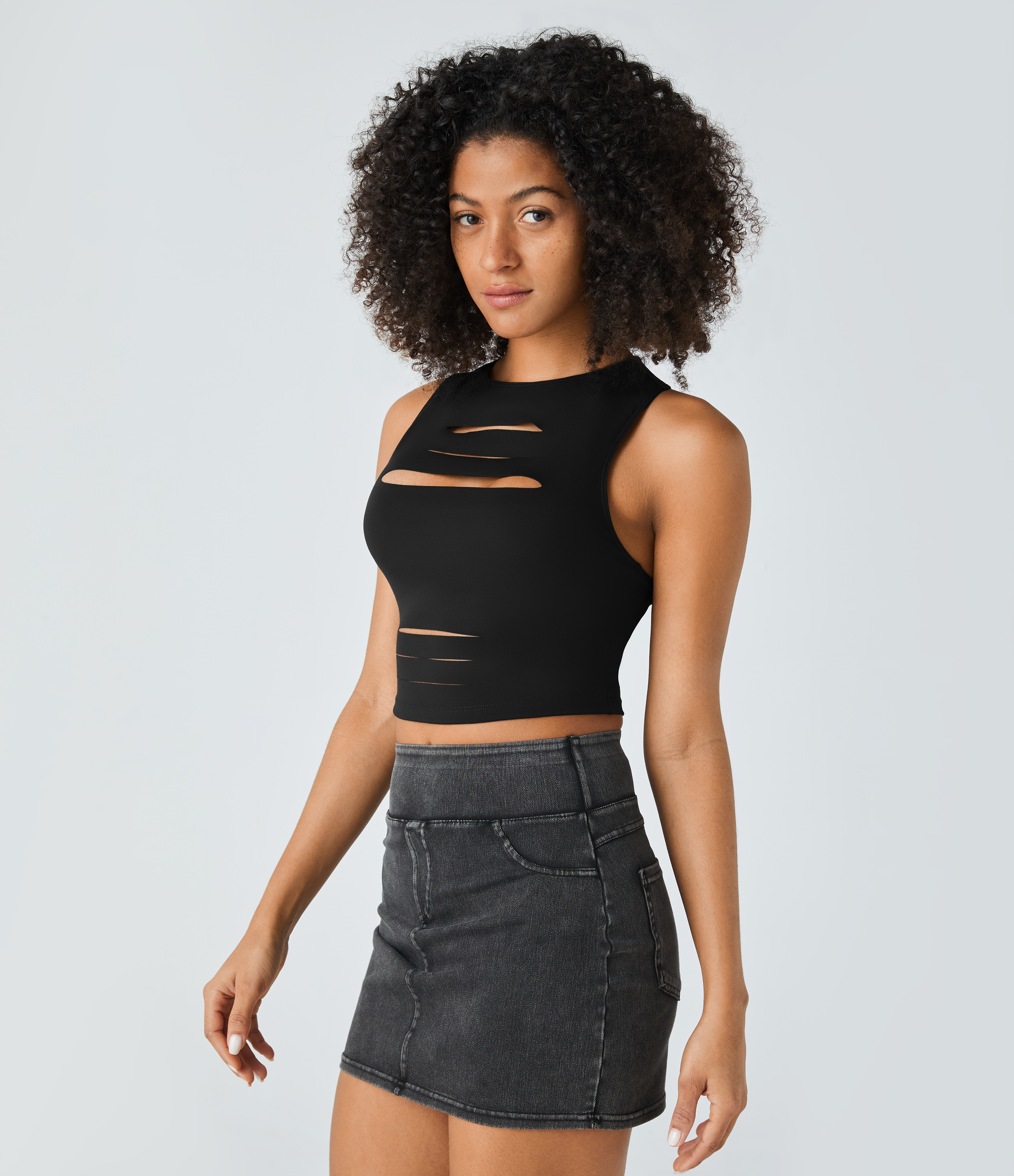 Halara Backless Racerback Cut Out Ripped Cropped Casual Tank Top Tank Top - Black - XS golf tops halter top tunic tops sleeveless tops 