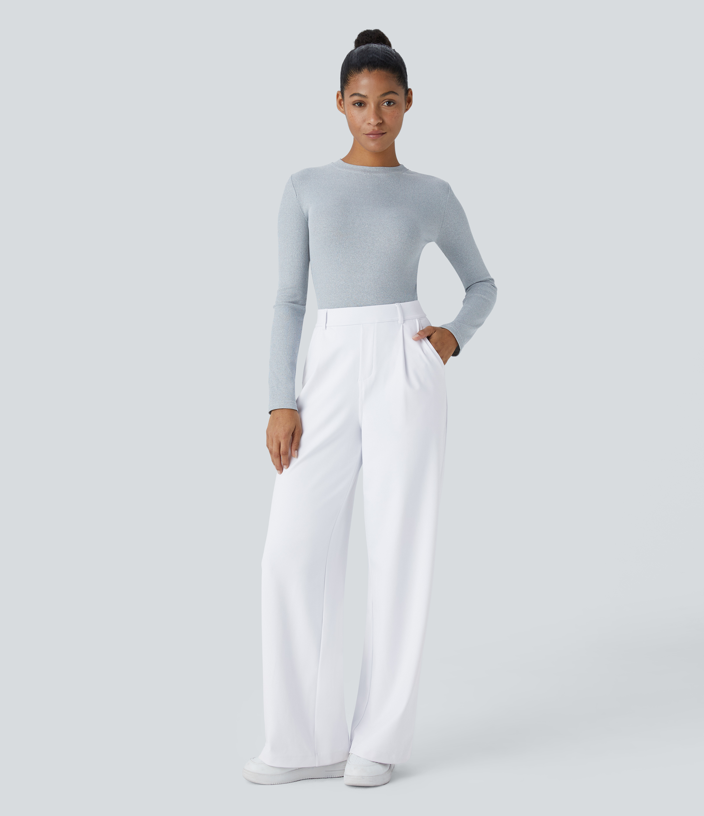 Halara High Waisted Plicated Side Pocket Straight Leg Work Pants  - White - S(tall) 