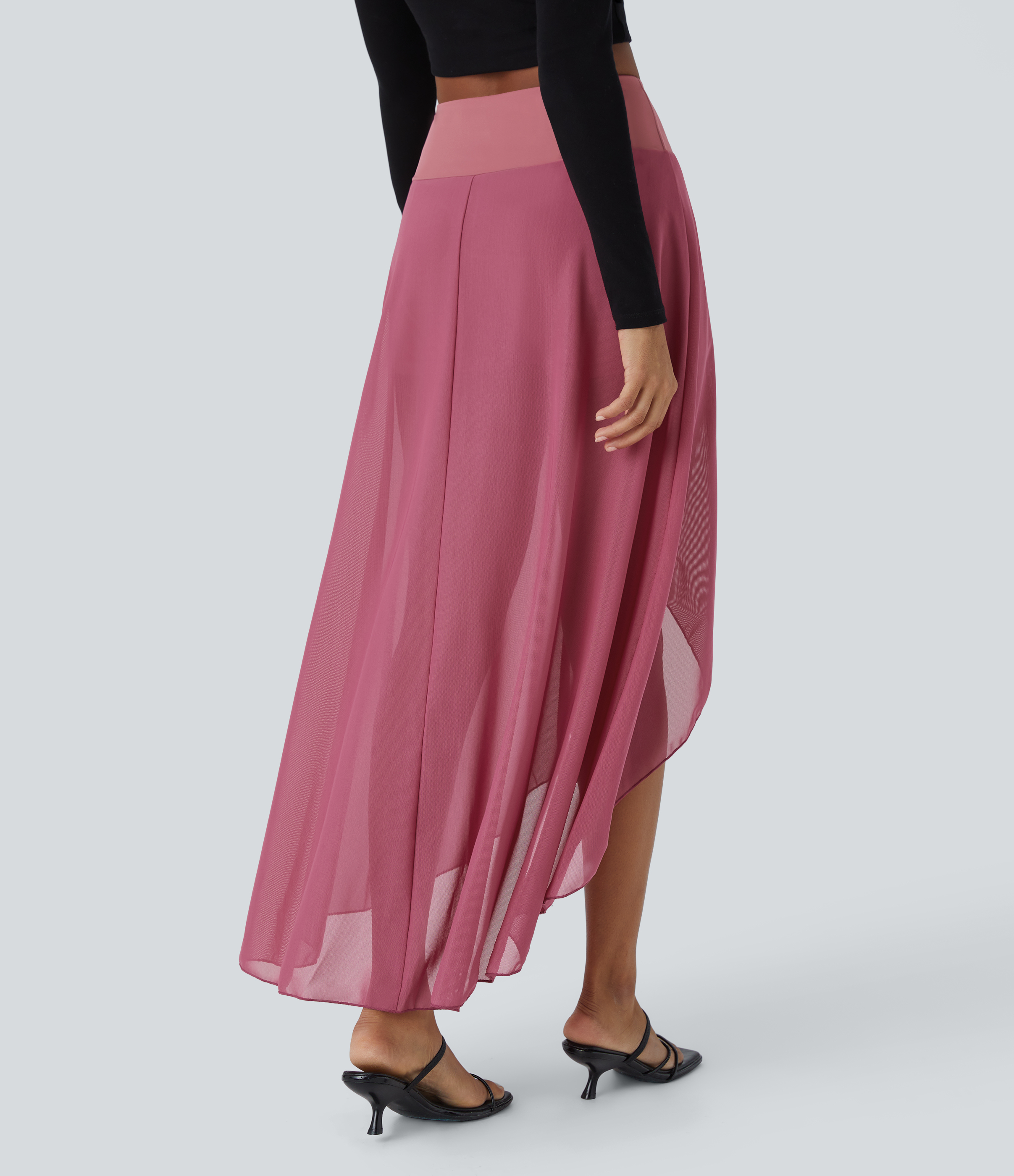 Halara High Waisted High Low Ruffle 2-in-1 Side Pocket Flare Mesh Casual Regular Maxi Skirt  - Rose Wine - S midi skirt a line skirt 