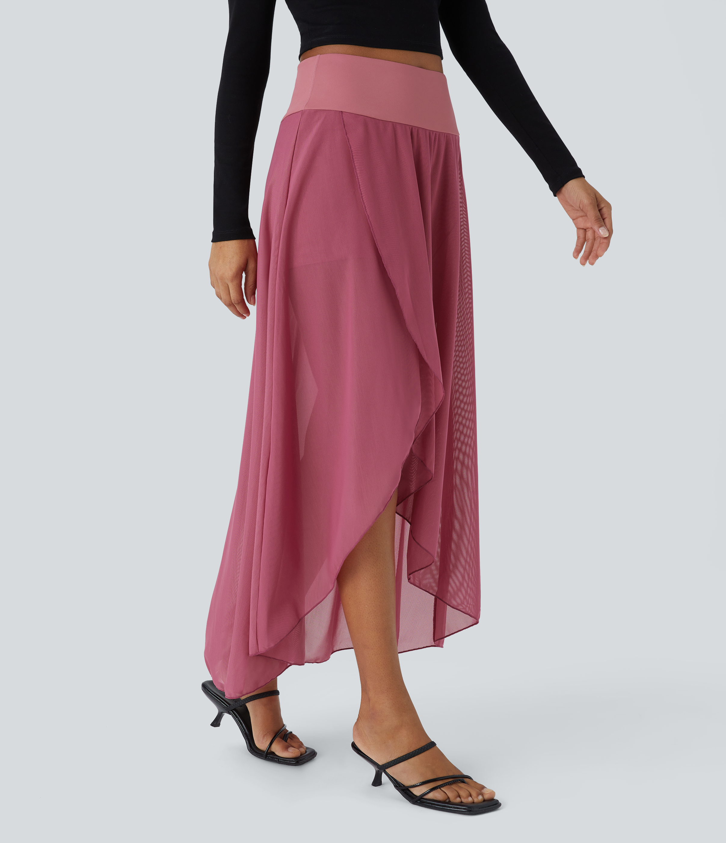 Halara High Waisted High Low Ruffle 2-in-1 Side Pocket Flare Mesh Casual Regular Maxi Skirt  - Rose Wine - S midi skirt a line skirt 