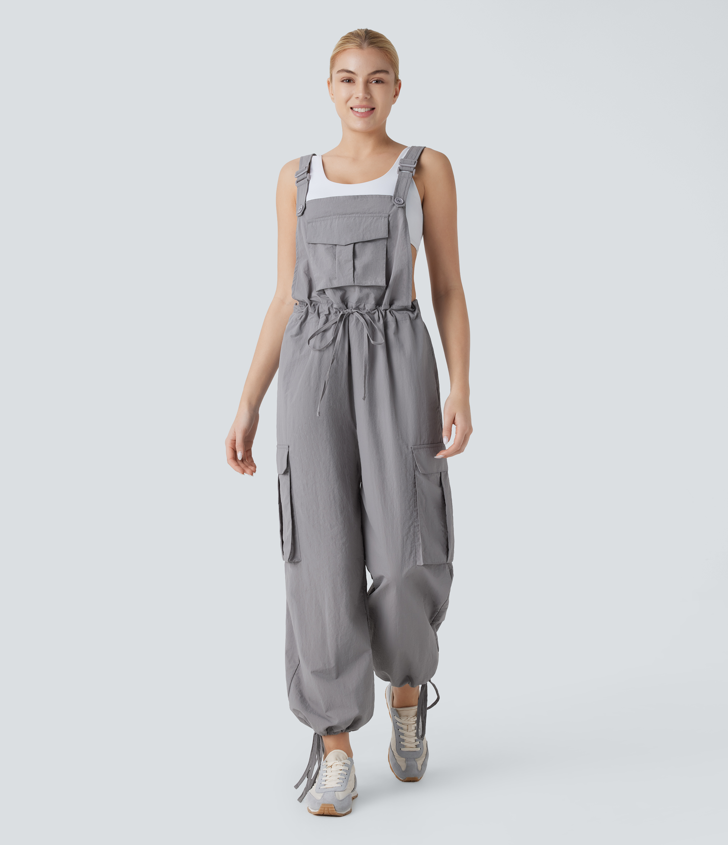 Adjustable Strap Drawstring  Relax Casual Cargo Overall with Pockets
