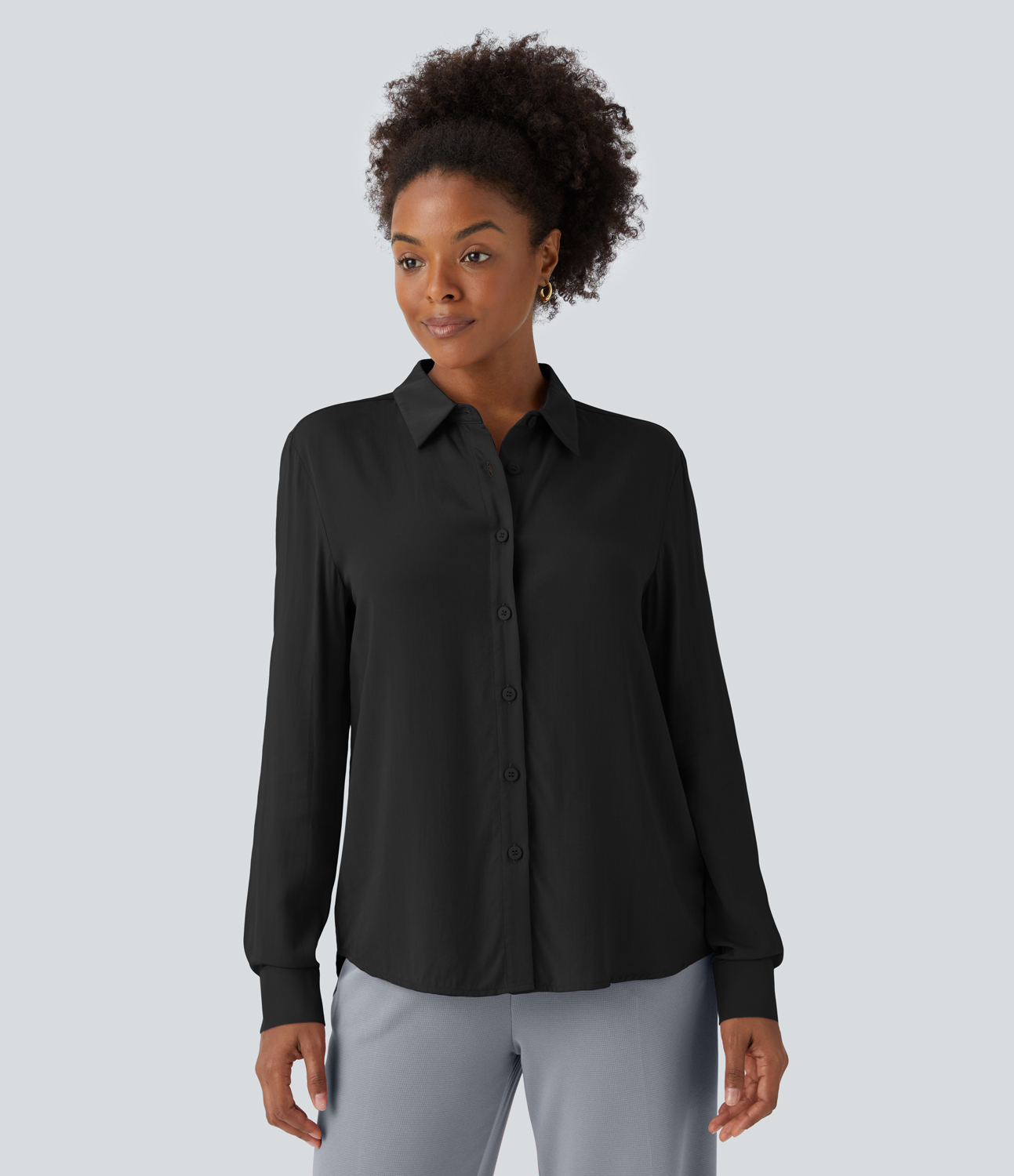 Halara Collared Button Long Sleeve Work Shirt  - Black - XS 