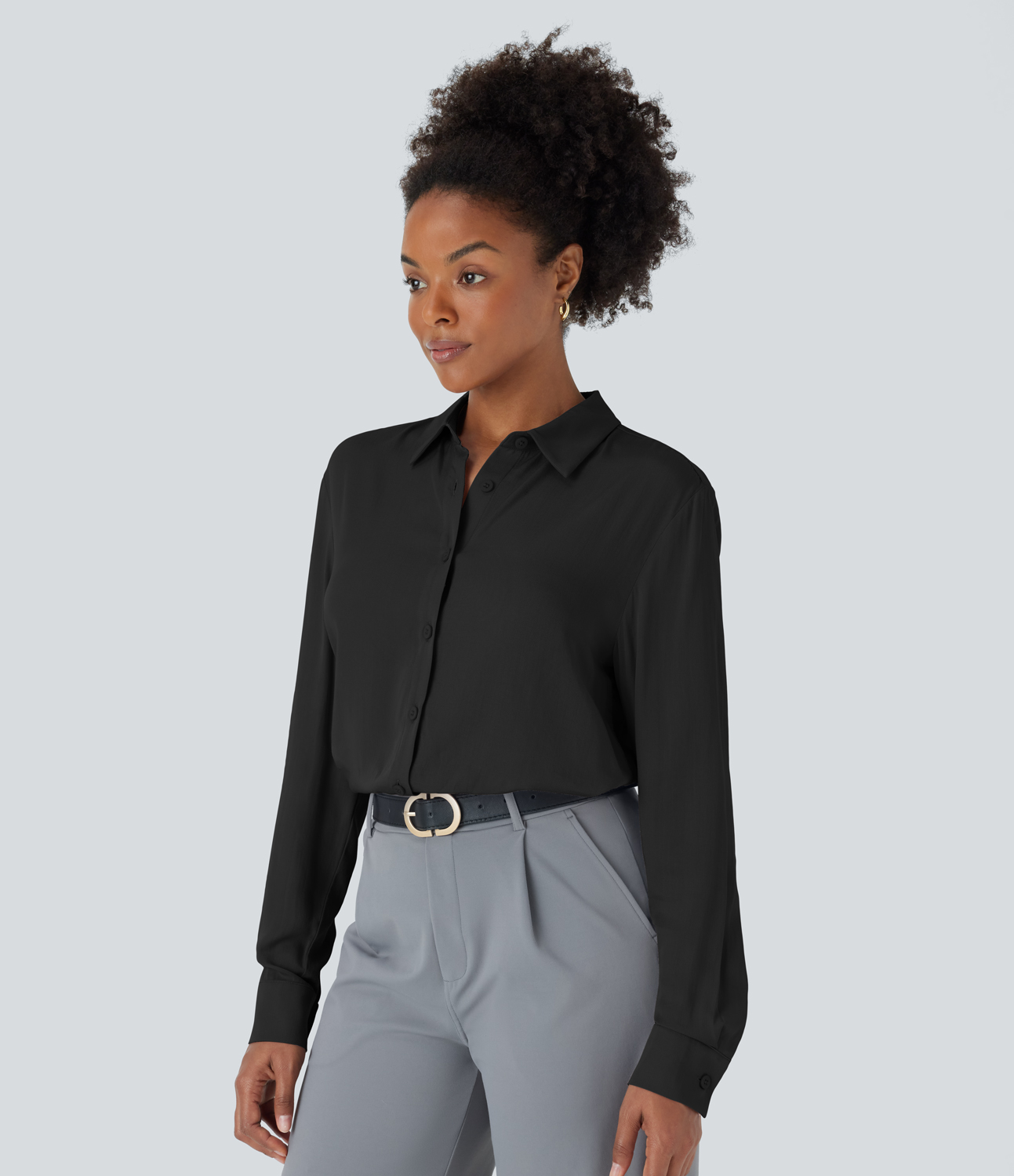 Halara Collared Button Long Sleeve Work Shirt  - Black - XS 