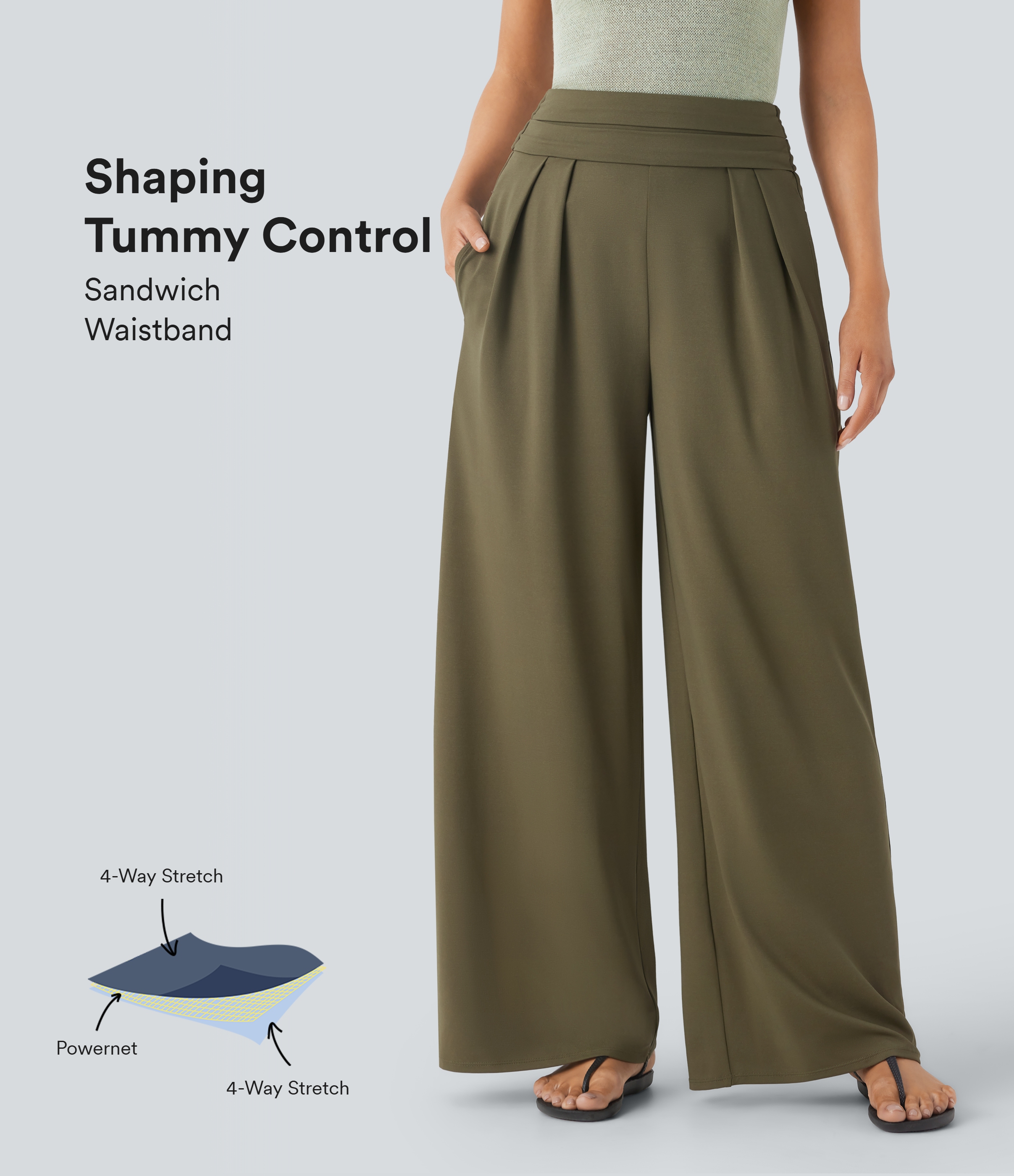Halara Socinched Super High Waisted Tummy Control Side Pocket Wide Leg Resort Pants  - Capulet Olive - M(regular) sweatpants jogger pants 
