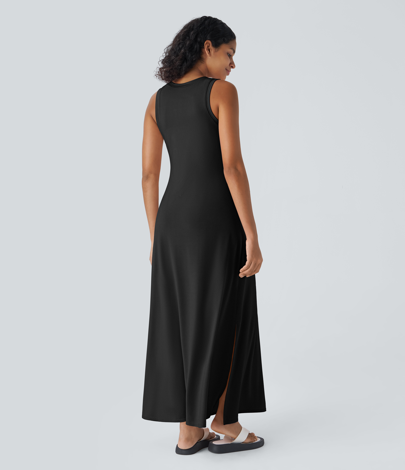 Halara V Neck Sleeveless Split Maxi Casual Dress Casual Dress - Black - M slip dress beach dress ruched dress halter dress exercise dress 