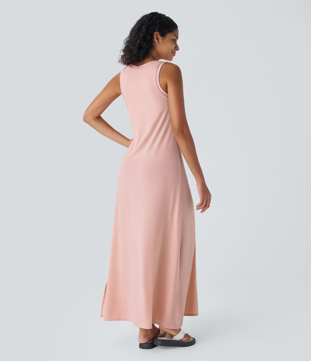Halara V Neck Sleeveless Split Maxi Casual Dress Casual Dress - Peach Pomelo Pink - M slip dress beach dress ruched dress halter dress 