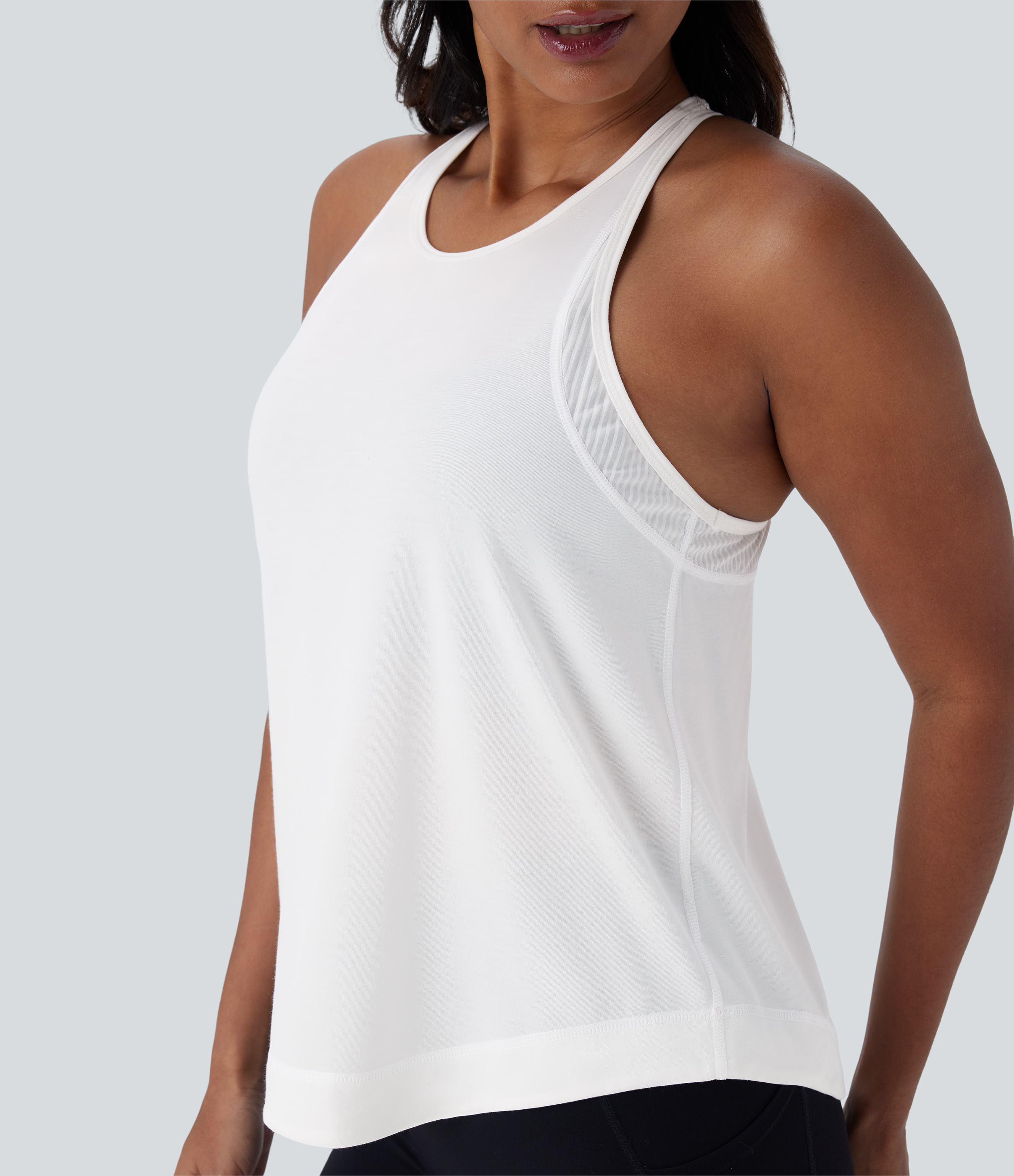 Halara Racerback Curved Hem Stripe Quick Dry Running Tank Top Tank Top - White - S golf tops halter top tunic tops sleeveless tops 