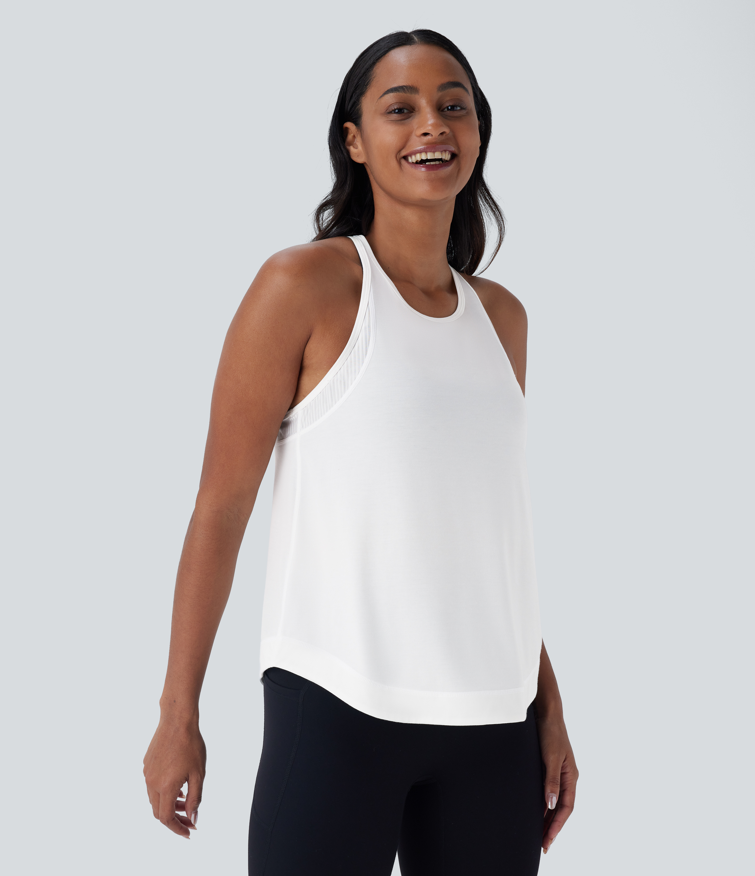 Halara Racerback Curved Hem Stripe Quick Dry Running Tank Top Tank Top - White - S golf tops halter top tunic tops sleeveless tops 