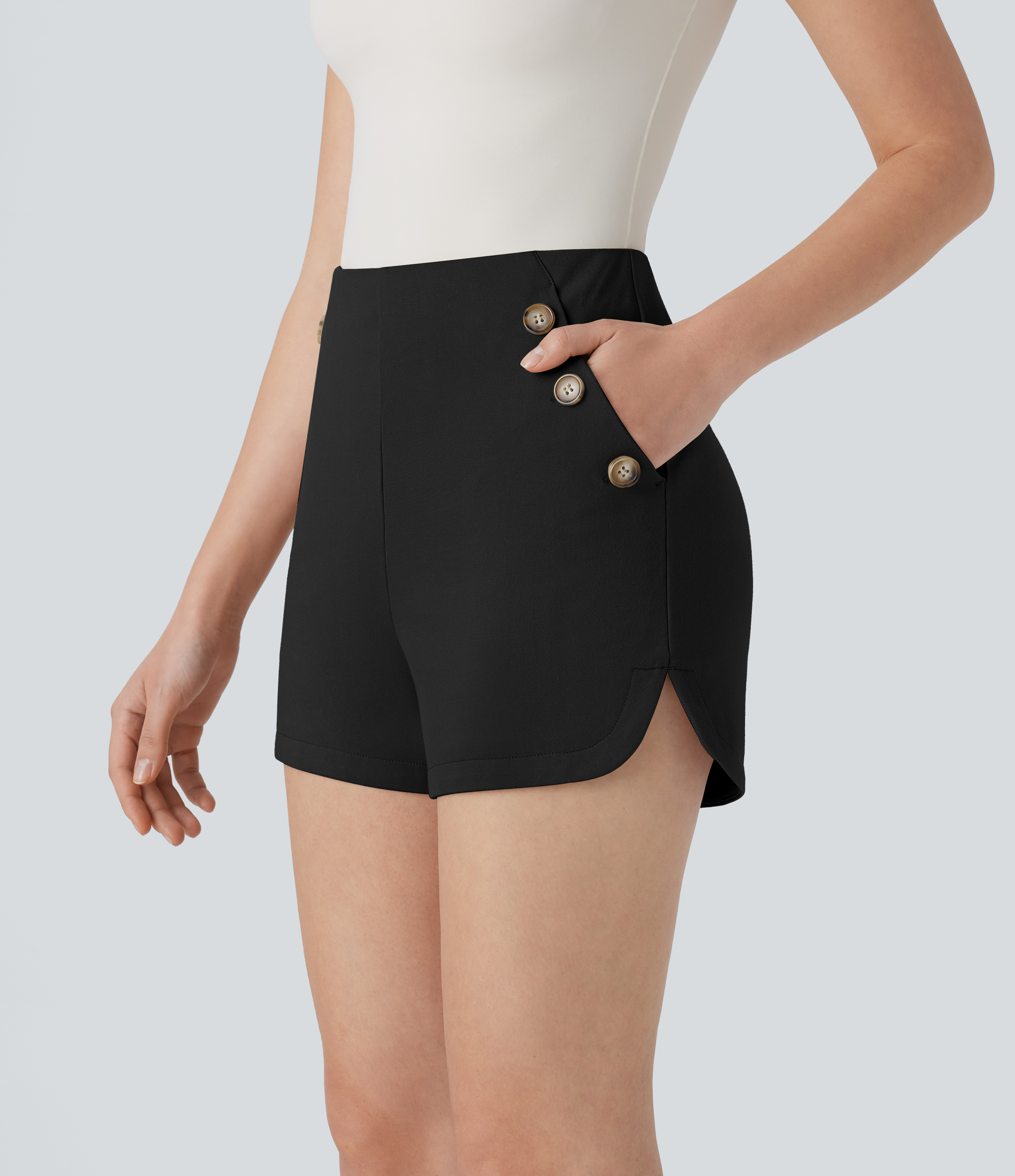 Halara High Waisted Side Pocket Curved Hem Decorative Button Work Shorts  - Black - L booty shorts compression shorts yoga shorts 