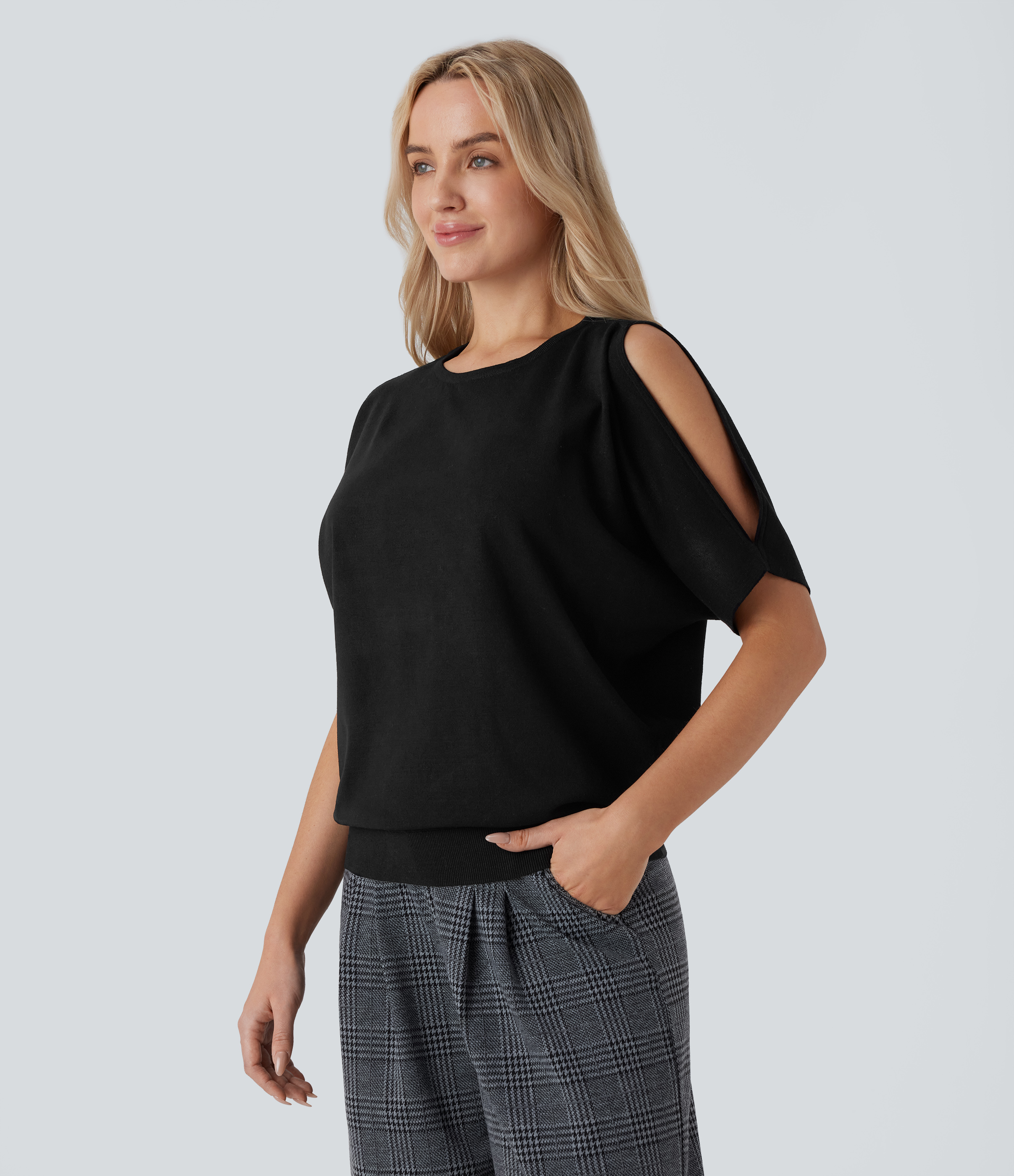 Halara Round Neck Cold Shoulder Short Sleeve Work Sweater  - Black - XS 