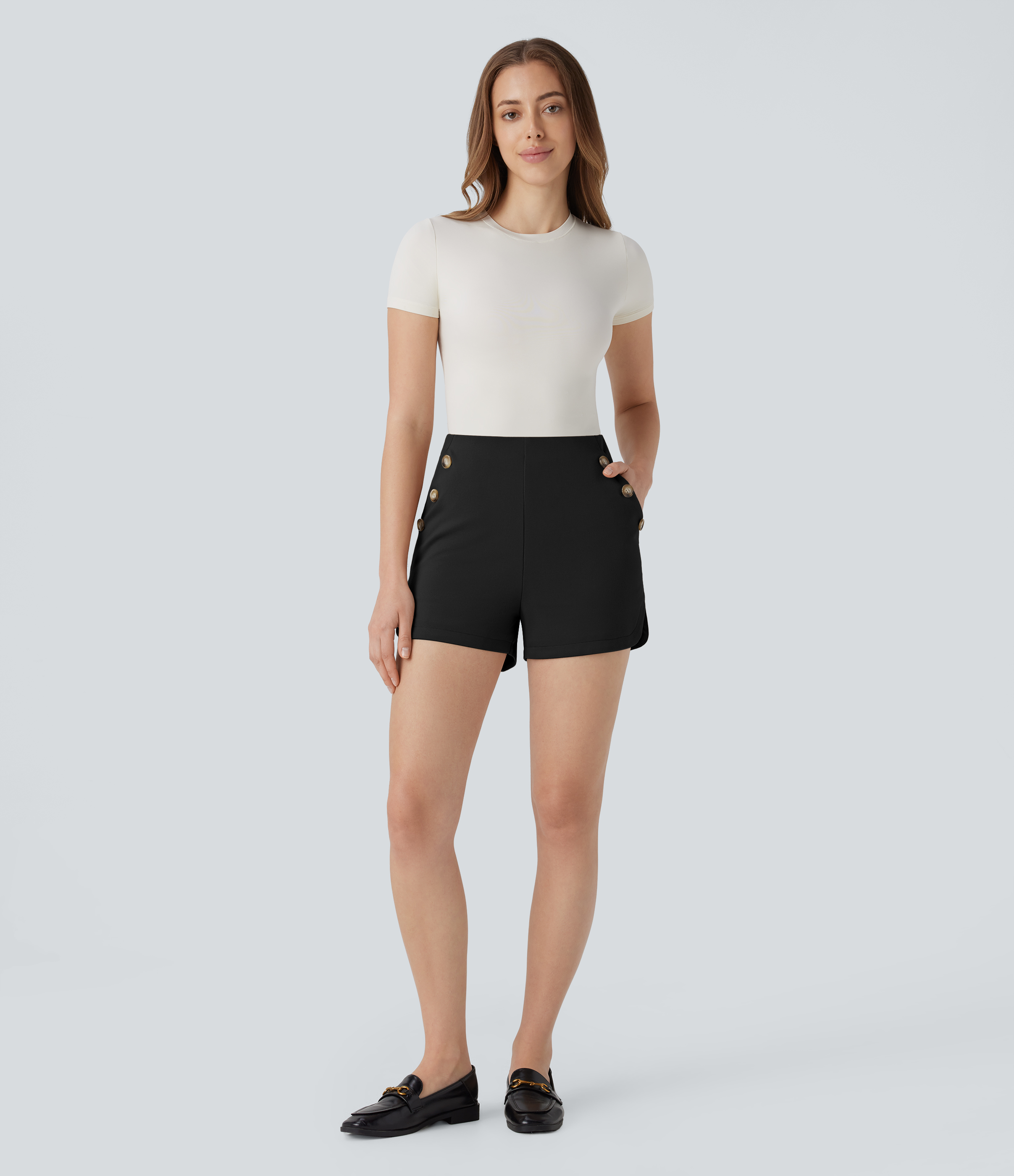 Halara High Waisted Side Pocket Curved Hem Decorative Button Work Shorts  - Black - L booty shorts compression shorts yoga shorts 