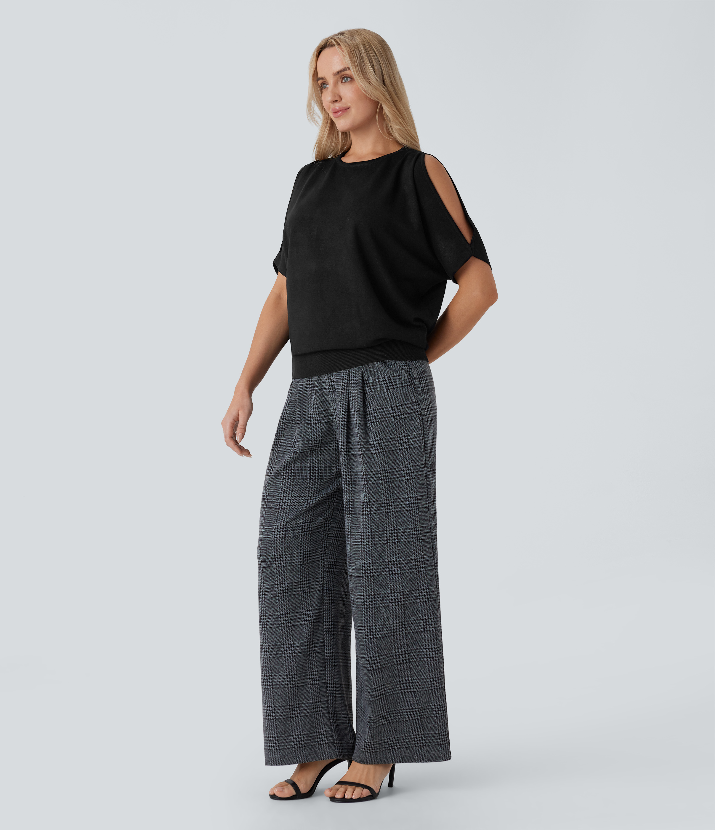 Halara Round Neck Cold Shoulder Short Sleeve Work Sweater  - Black - XS 