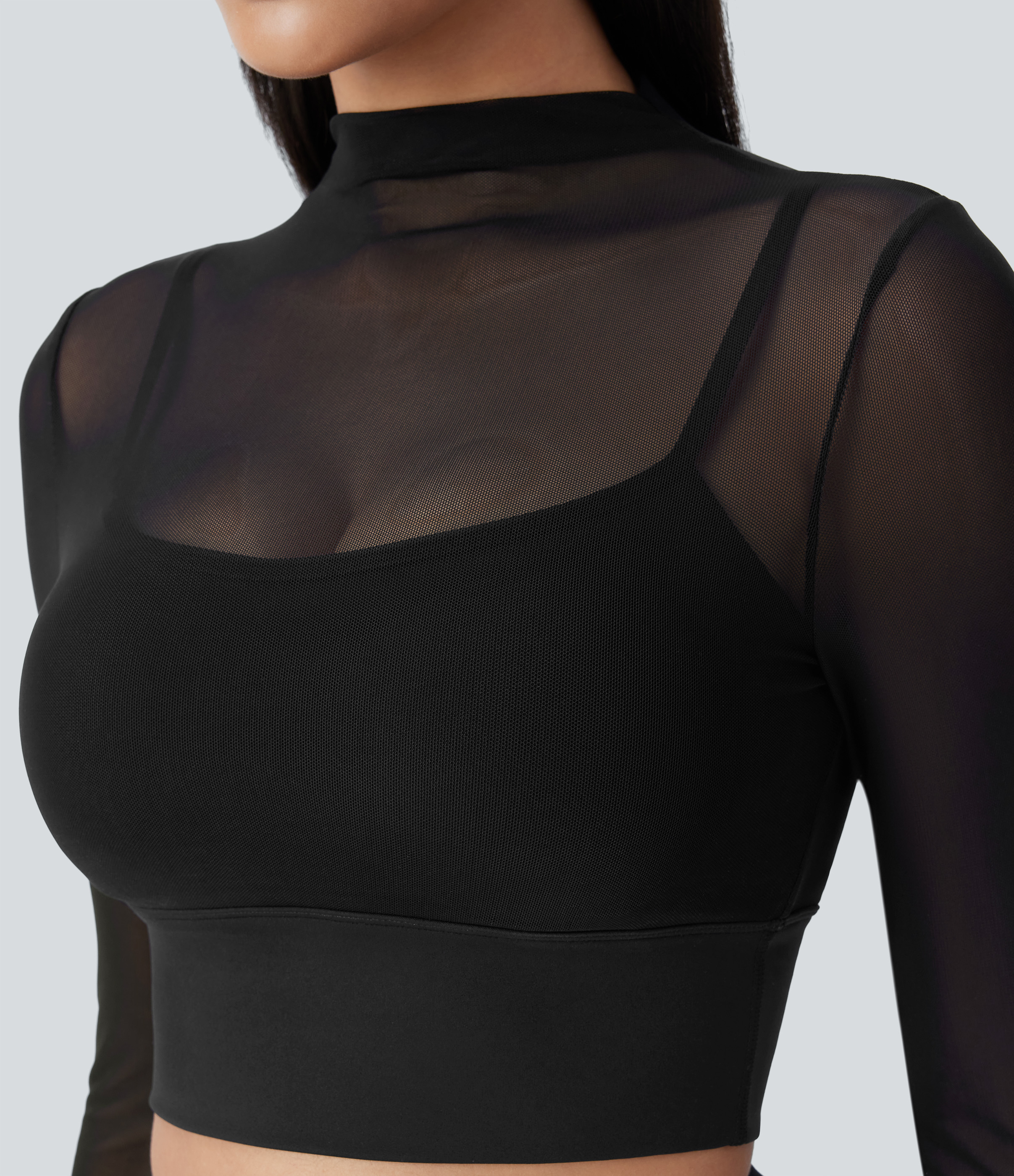Halara Contrast Mesh Long Sleeve 2-in-1 Cropped Workout Sports Top  - Black - S 