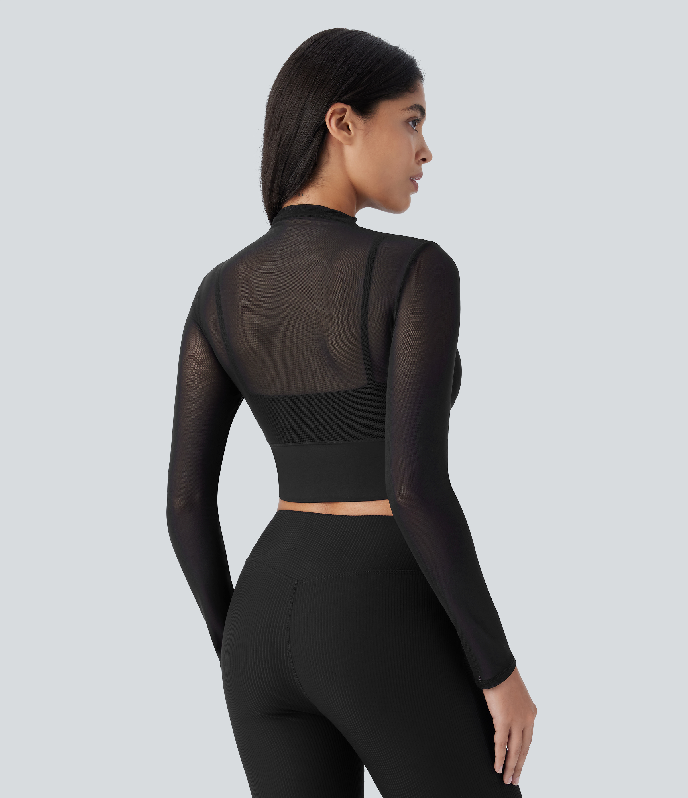 Halara Contrast Mesh Long Sleeve 2-in-1 Cropped Workout Sports Top  - Black - S 