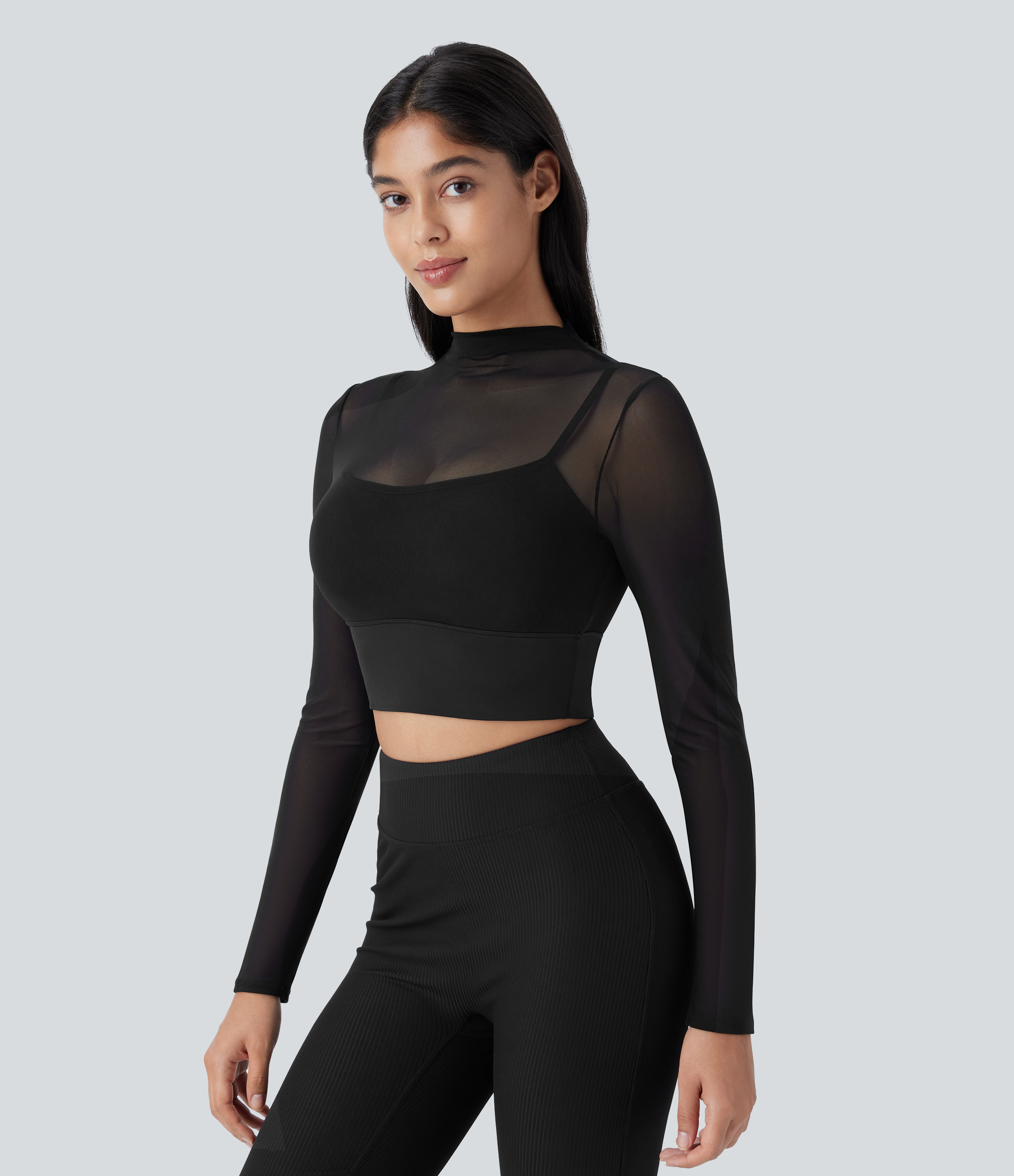Halara Contrast Mesh Long Sleeve 2-in-1 Cropped Workout Sports Top  - Black - S 