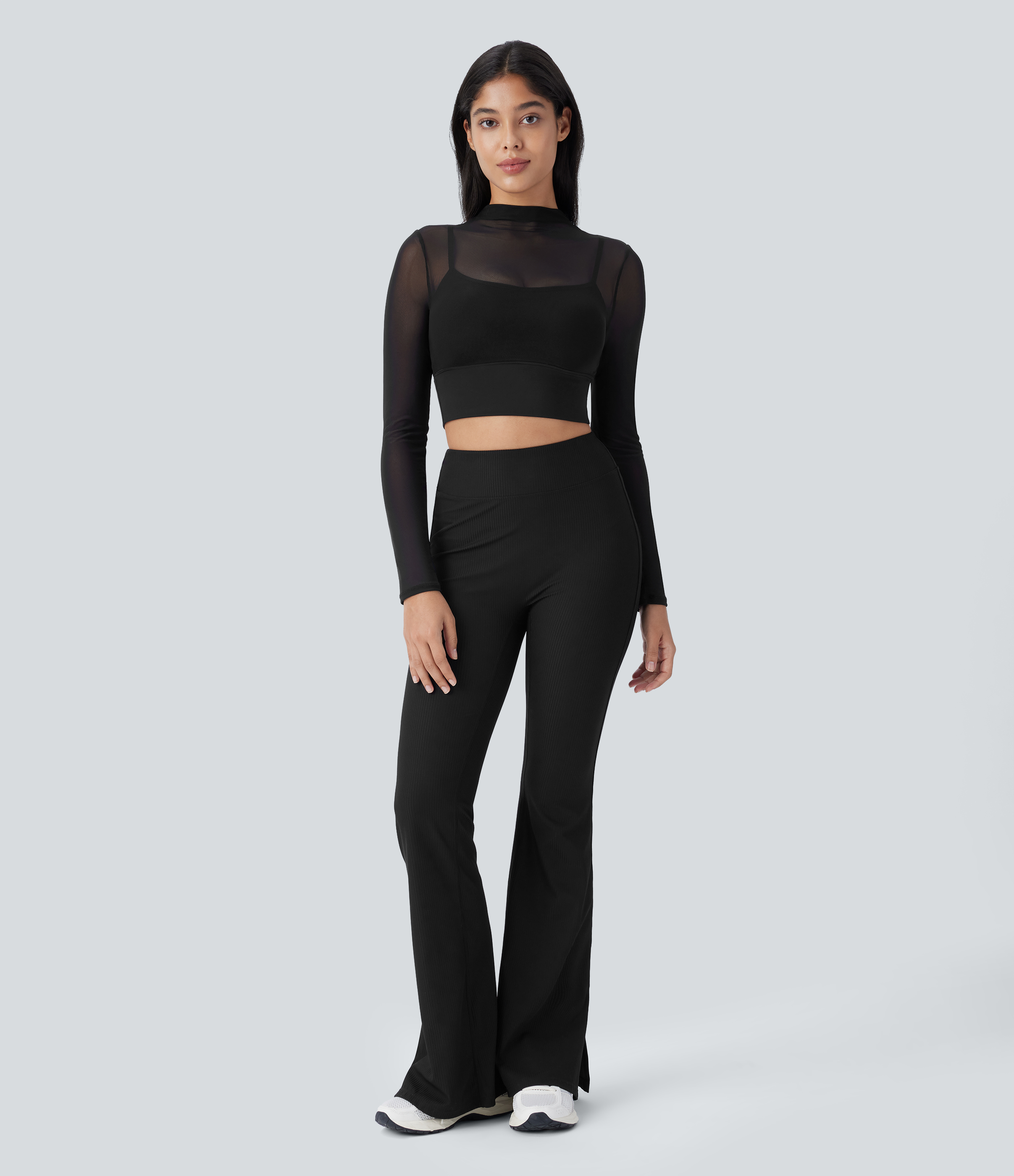 Halara Contrast Mesh Long Sleeve 2-in-1 Cropped Workout Sports Top  - Black - S 