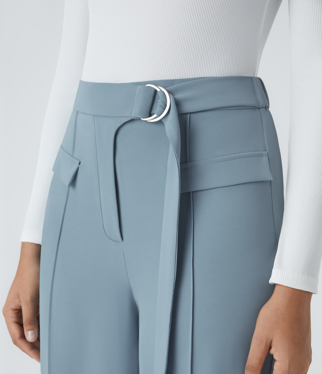 Halara High Waisted D-Ring Buckle Belted Fake Pockets Straight Leg Work Pants  - Forget-Me-Not - S(regular) sweatpants jogger pants 
