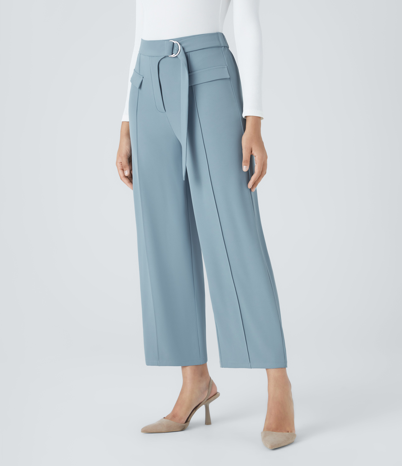Halara High Waisted D-Ring Buckle Belted Fake Pockets Straight Leg Work Pants  - Forget-Me-Not - S(regular) sweatpants jogger pants 