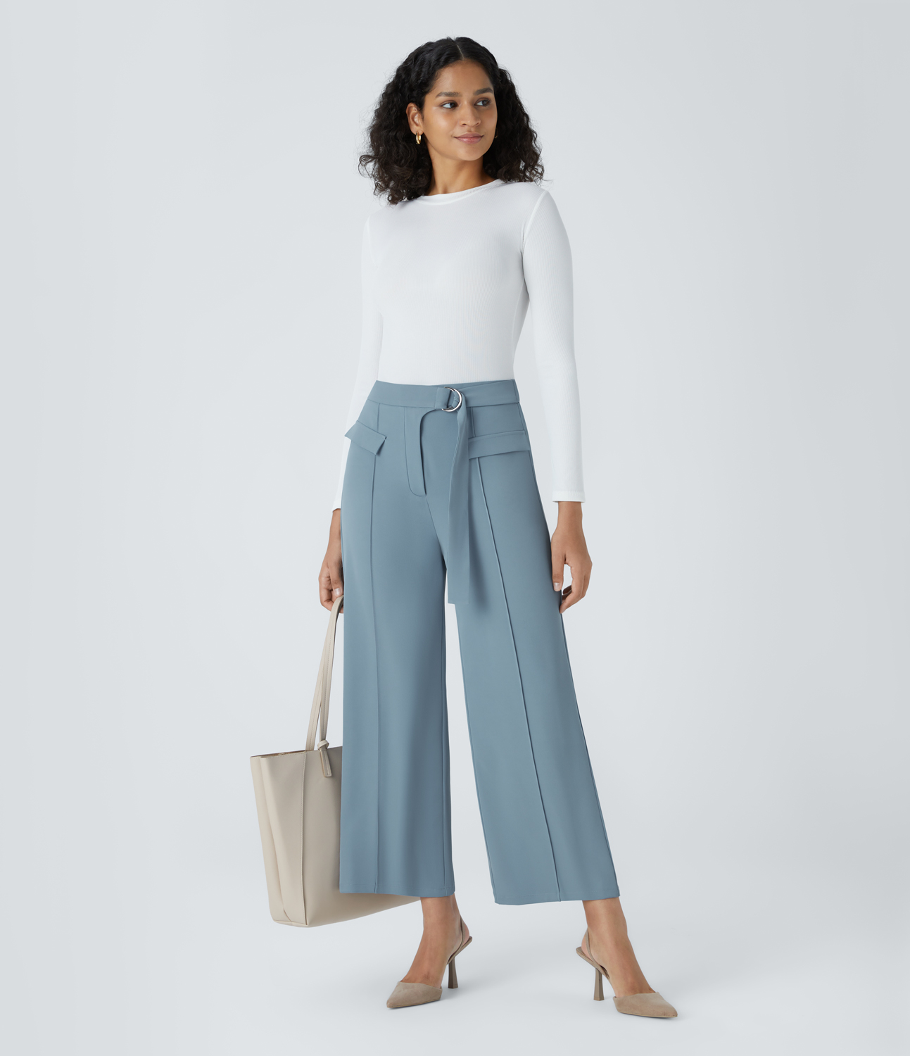 Halara High Waisted D-Ring Buckle Belted Fake Pockets Straight Leg Work Pants  - Forget-Me-Not - S(regular) sweatpants jogger pants 
